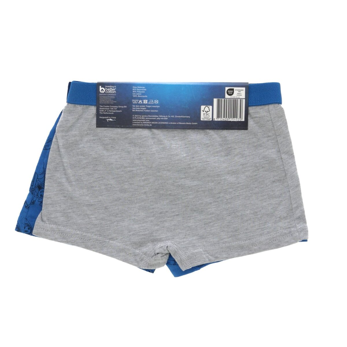Zwei Boxershorts, blau und grau, gefaltet, mit Produktinformationen.