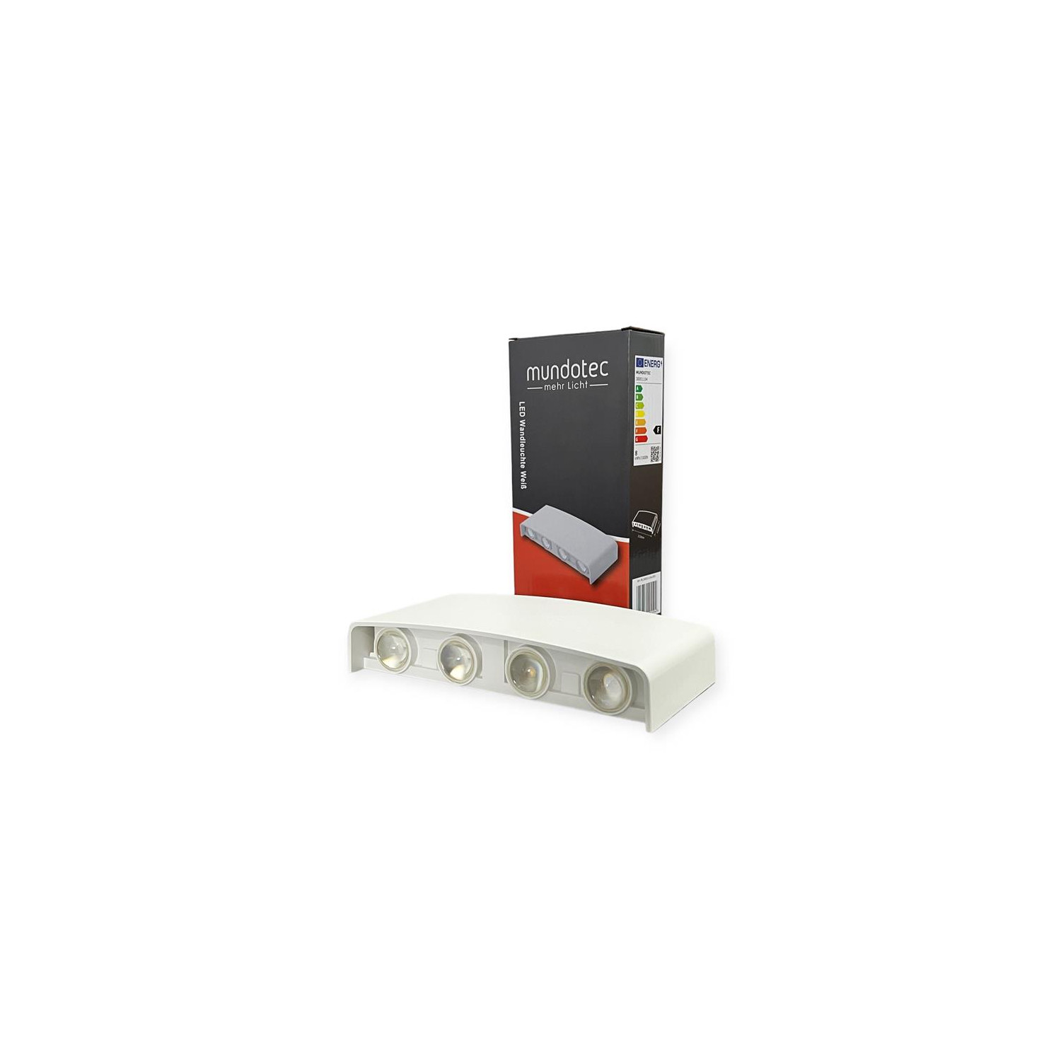 Weiße LED-Leuchte mit vier Lichtern, mit einer Box dahinter und weißem Hintergrund.