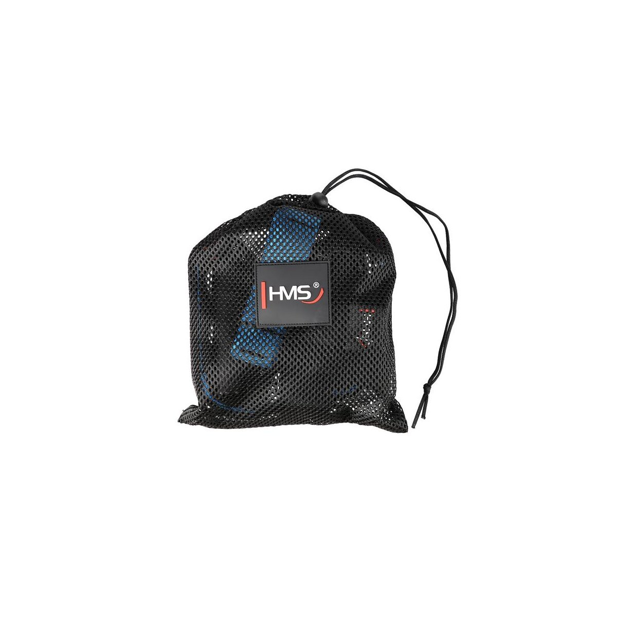 Schwarze Netztasche mit blauen Trainingsbändern, HMS-Logo.