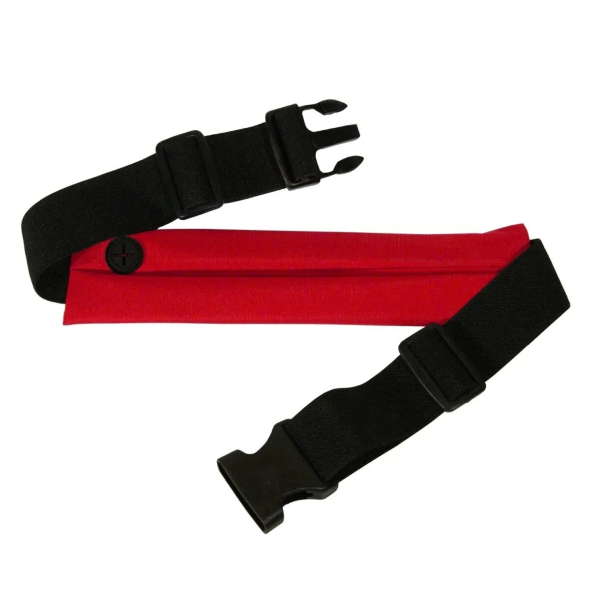 Una cintura rossa con fibbie nere e una pochette nera.