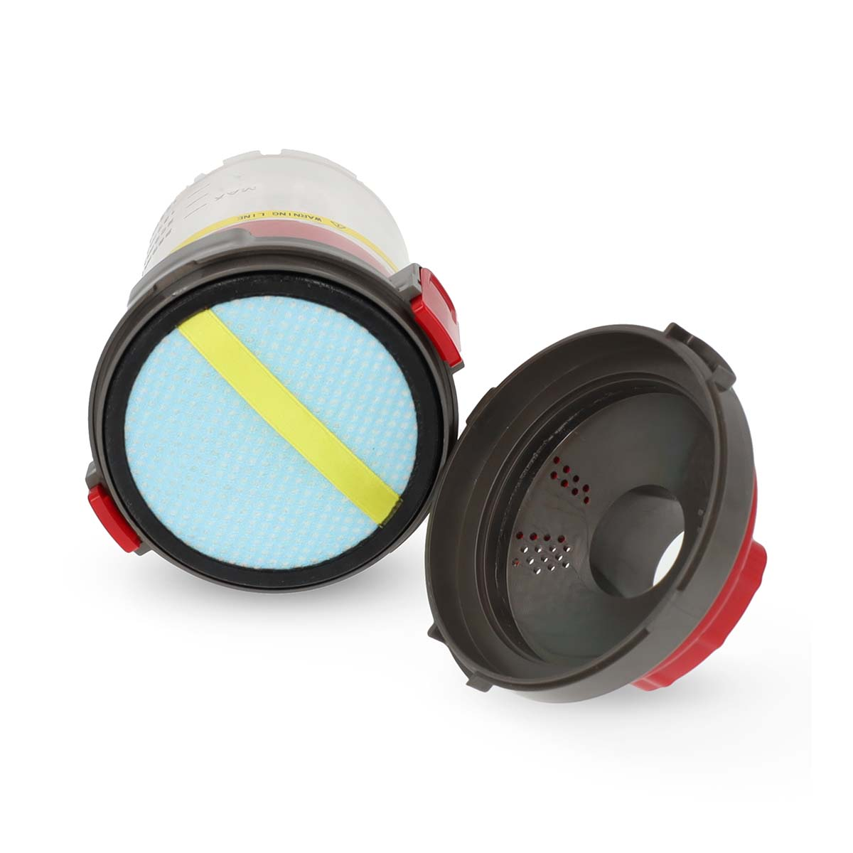 Cylindrical vacuum cleaner filter components. Blue and yellow filter inside.