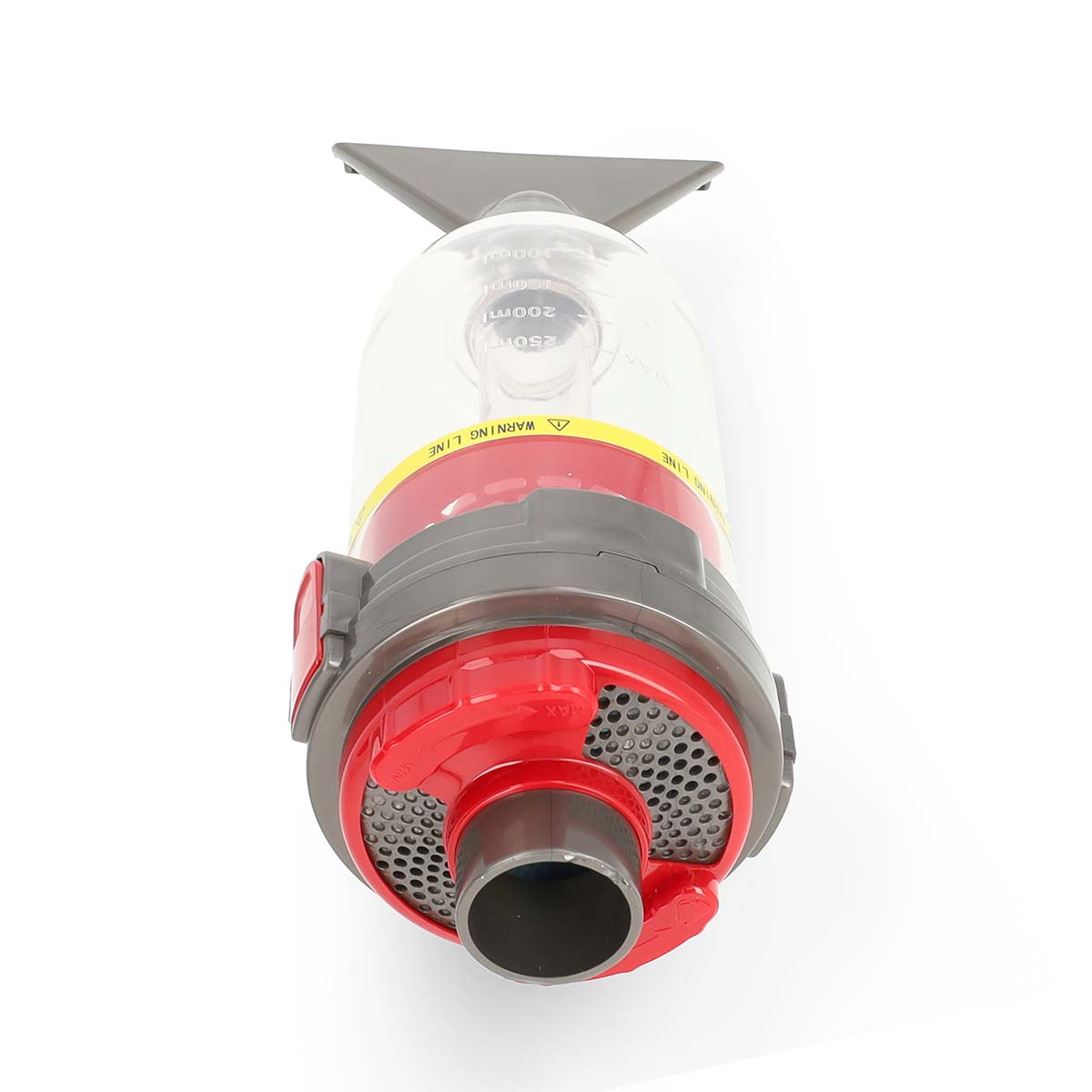 Vacuum cleaner's dust container. Clear plastic, red and grey accents.