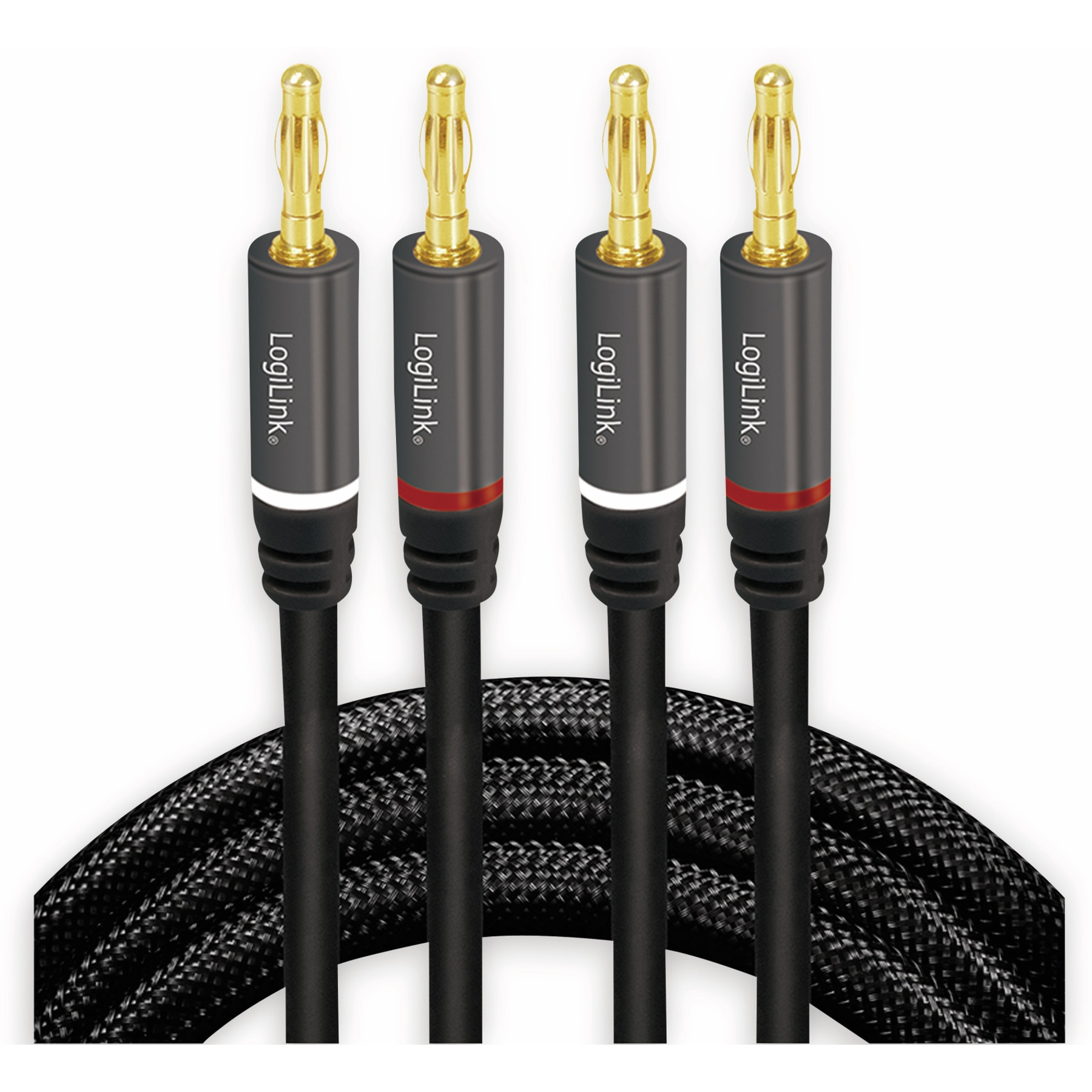 Vier schwarze und goldene Lautsprecherkabel-Anschlüsse auf weißem Hintergrund mit geflochtenem Kabel.
