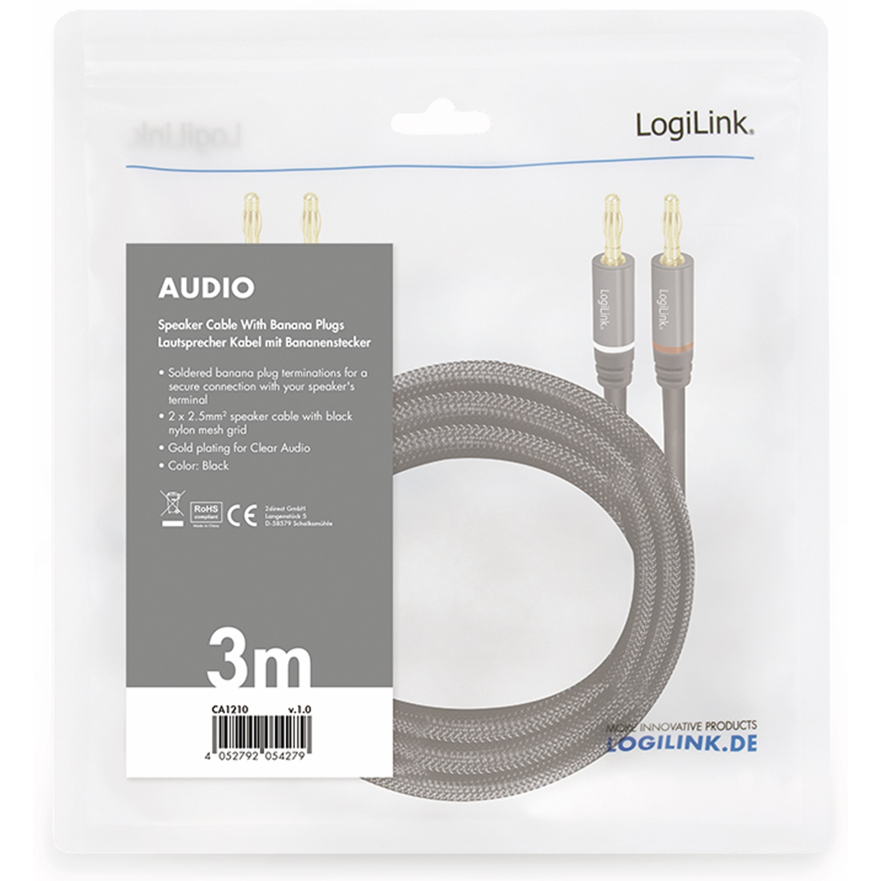 Lautsprecherkabel in einer Plastiktüte. Die Kabel haben vergoldete Stecker. Weißer Hintergrund.
