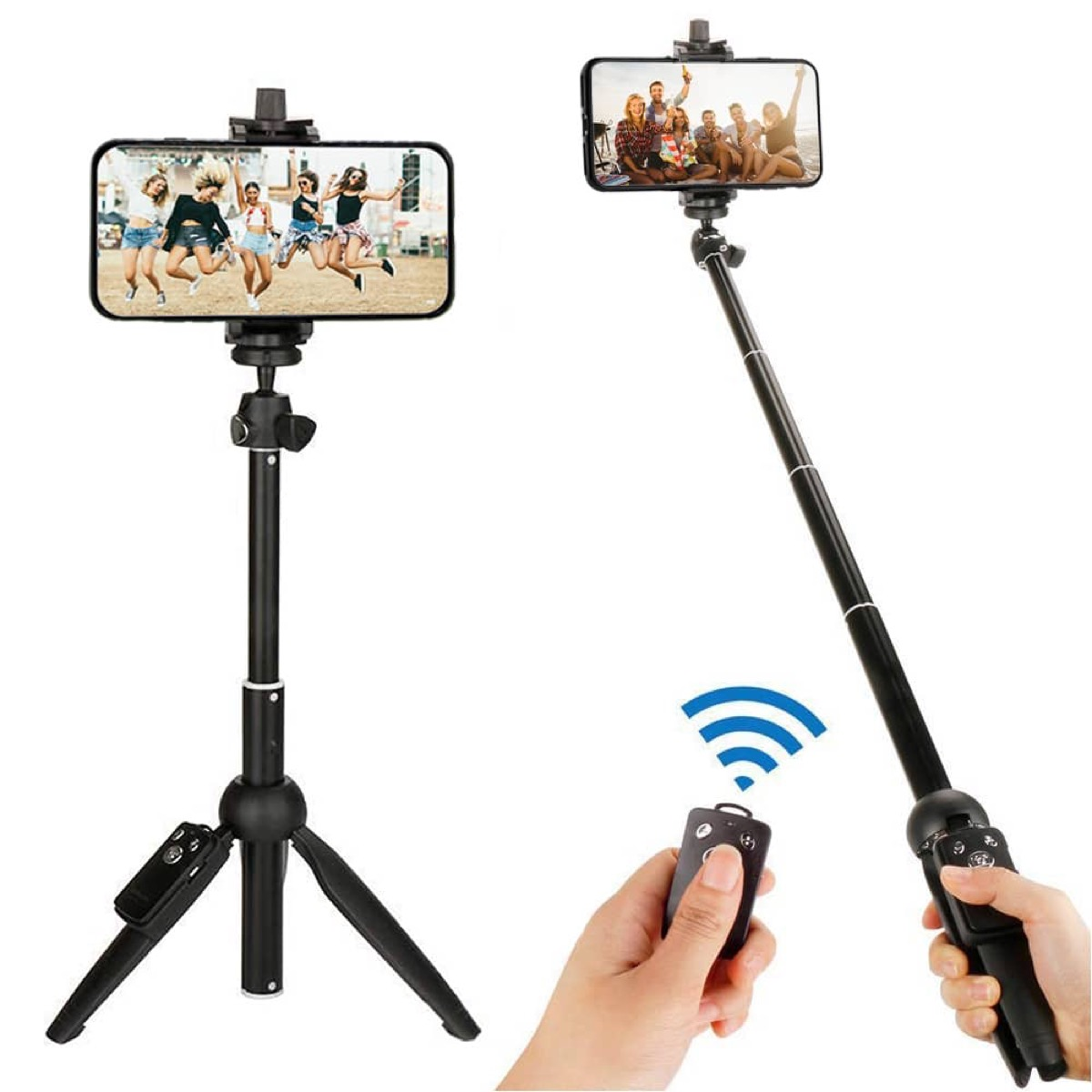 Twee telefoons op statieven, één met springende mensen en de ander met een groepsfoto.