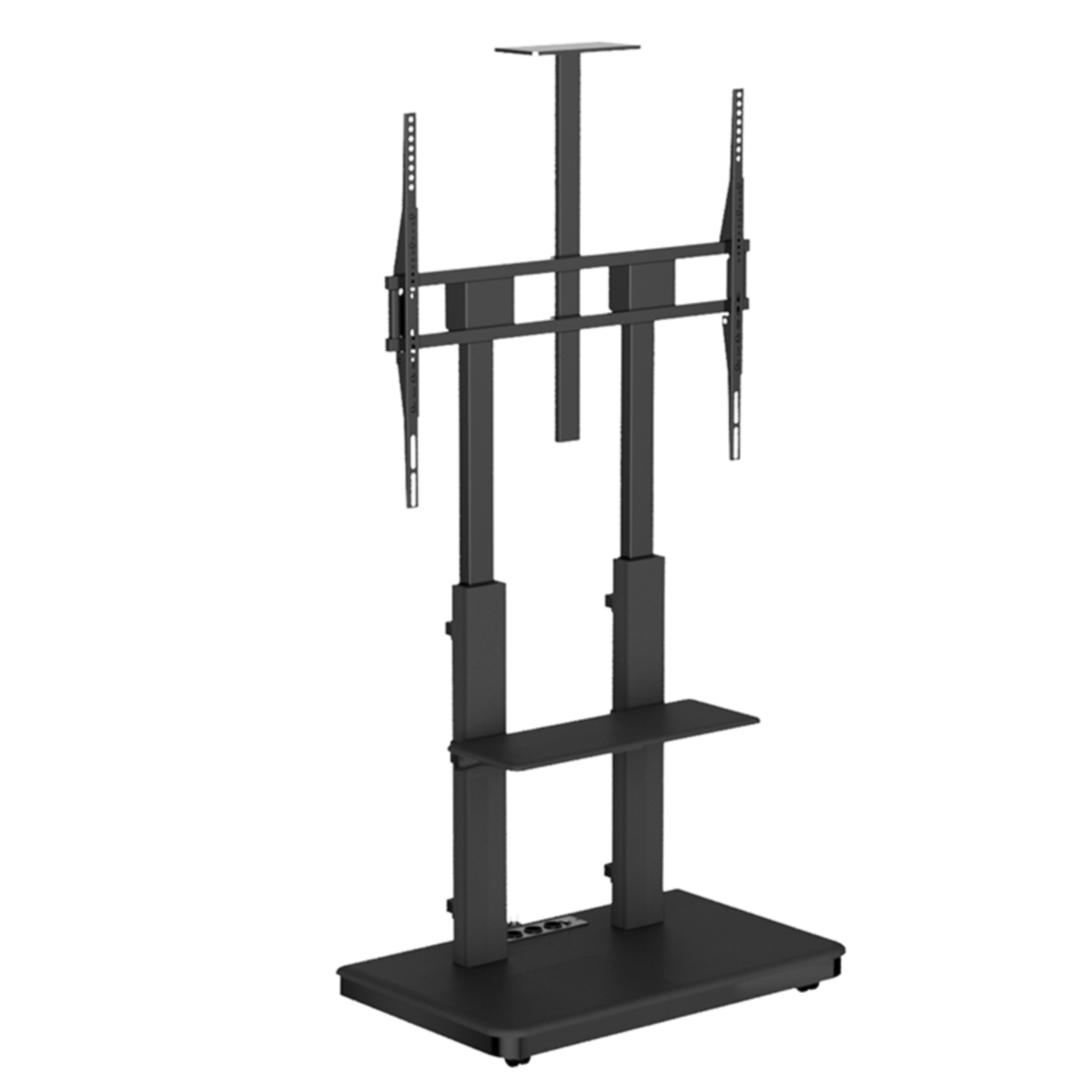Zwarte tv-standaard op wielen, met een plank en verstelbare beugels voor een display.