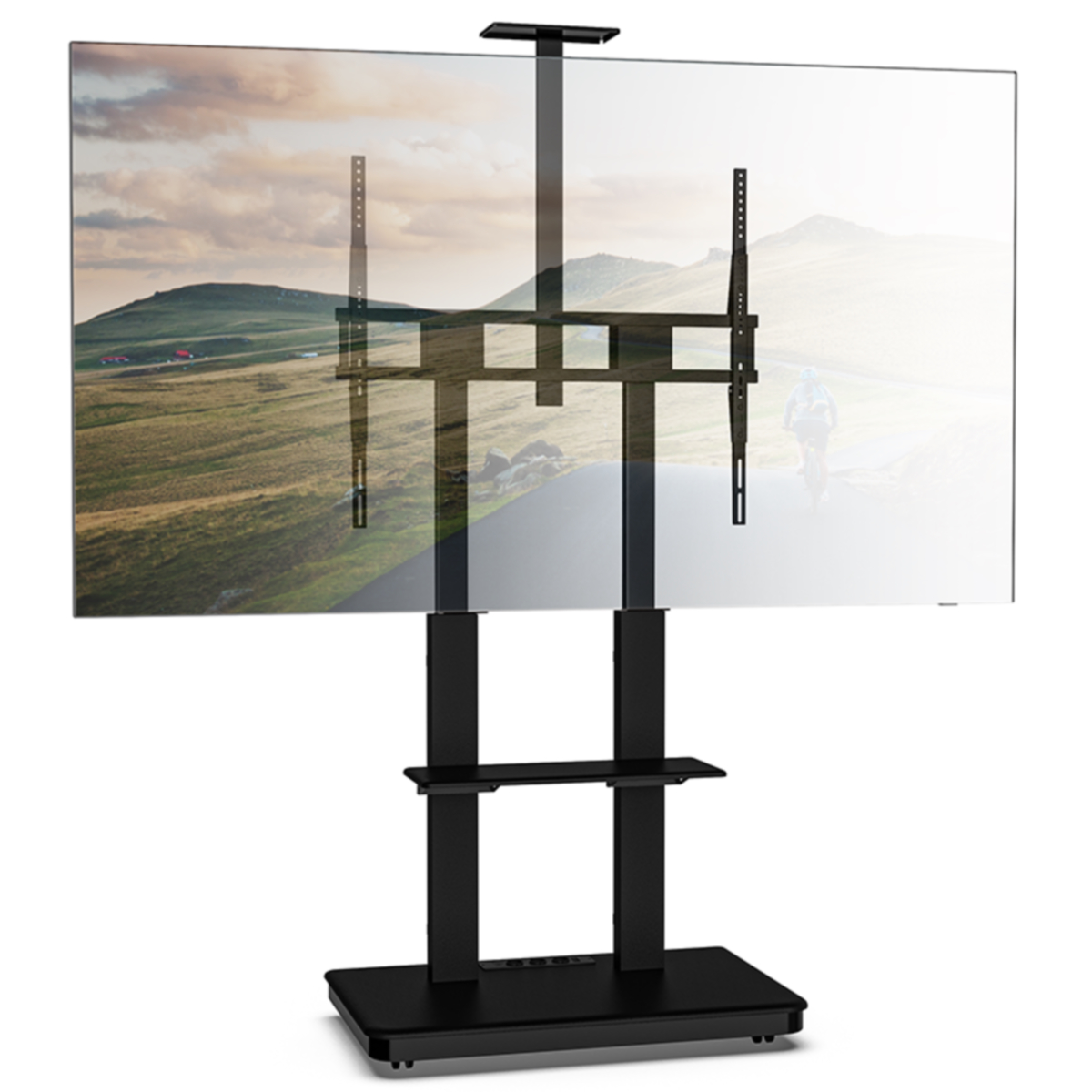 Zwarte tv-standaard met een groot tv-scherm, planken en een voet. De standaard is hoog.