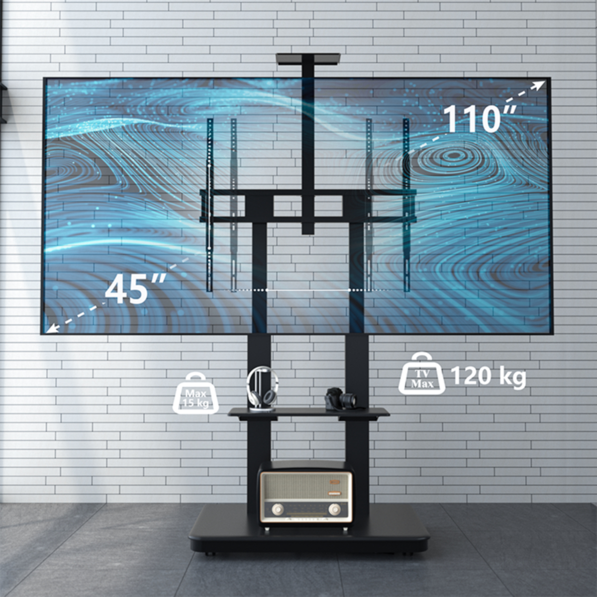 Een zwarte tv-standaard met een grote tv die blauwe graphics weergeeft. Plank bevat items. Afmetingen en gewichtslimieten getoond.