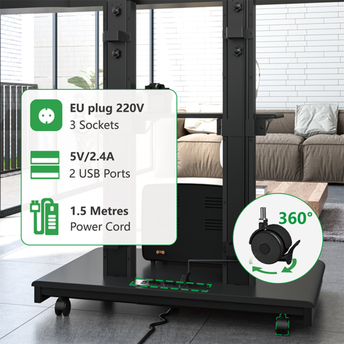 Een zwarte tv-standaard met stekkerdoos en 360-graden draaiende wielen. Tekstlabels aanwezig.
