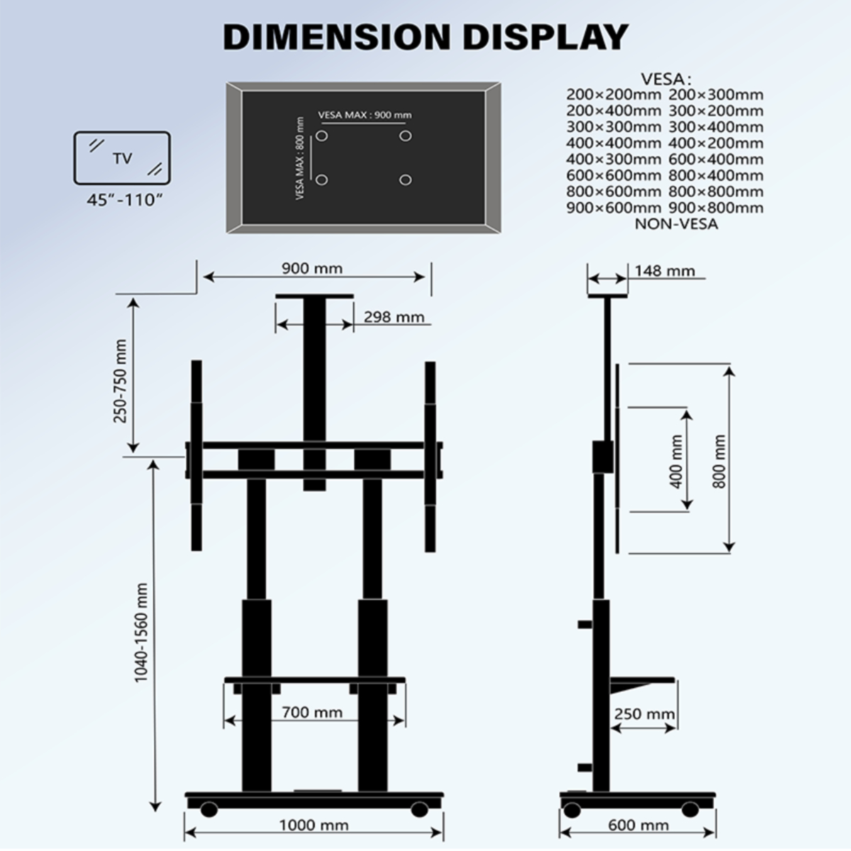 Diagram of TV stand with dimensions in mm. Black lines, white background.