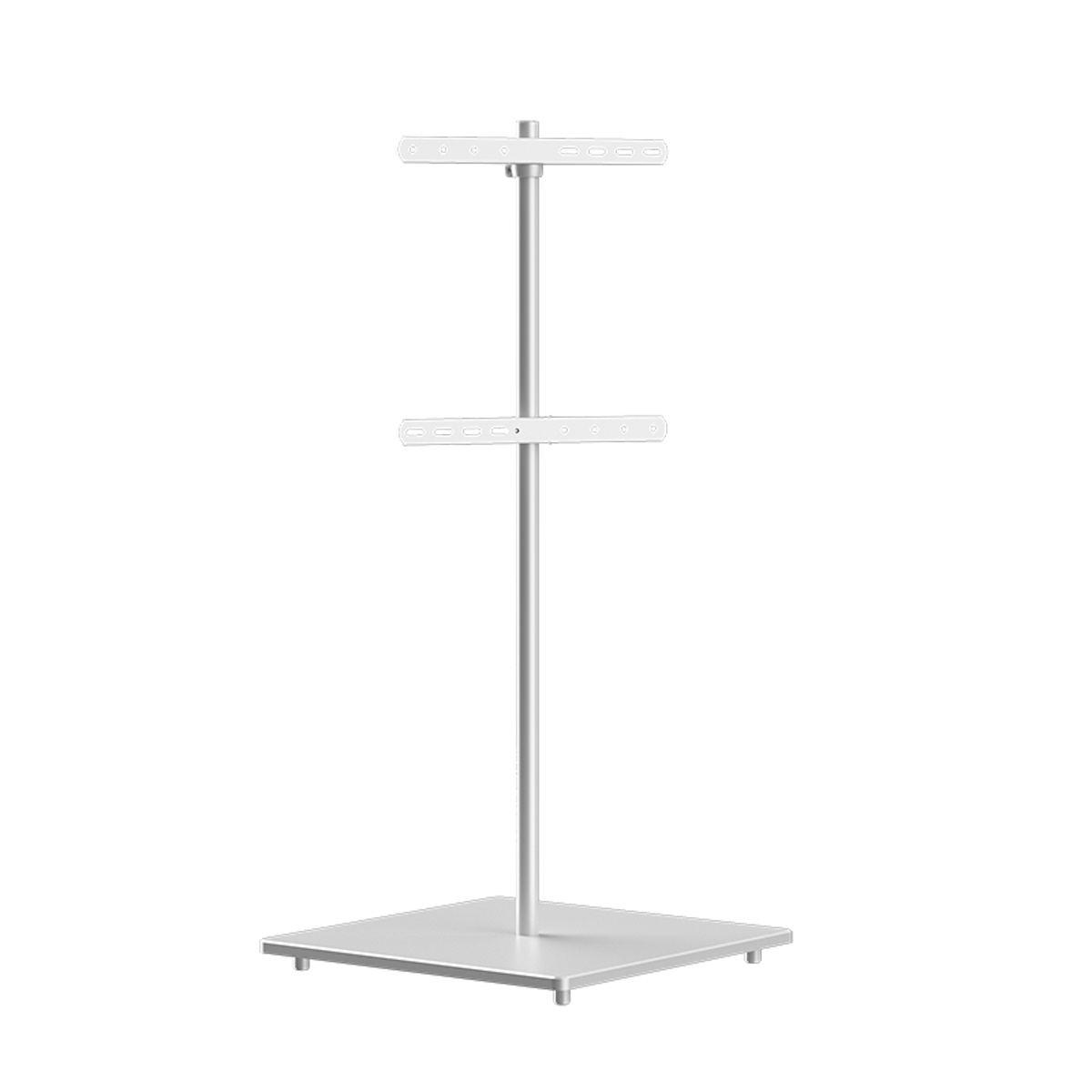 Zilveren metalen displaystandaard met twee horizontale panelen en een vierkante basis.
