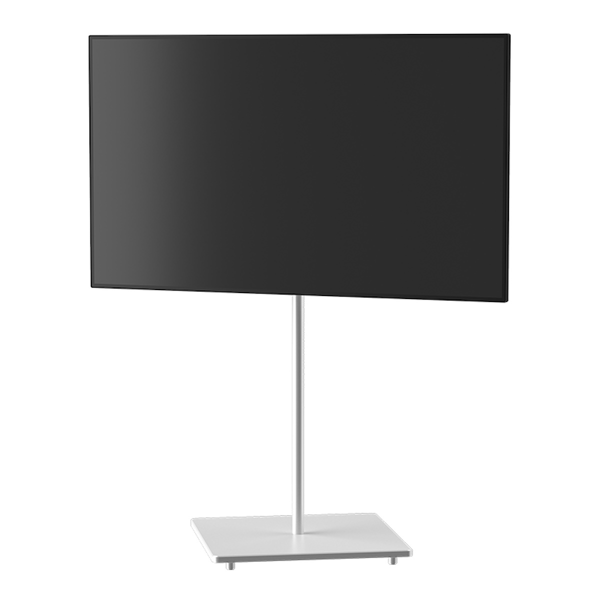 Een flatscreen-tv op een witte standaard, tegen een witte achtergrond.