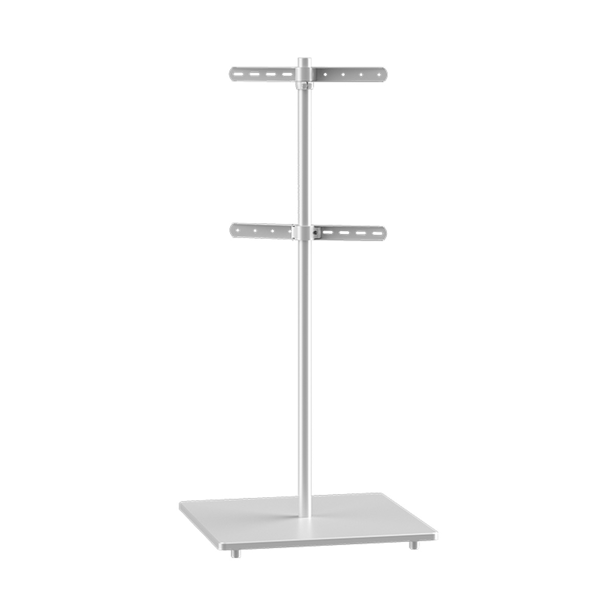 Een zilveren metalen displaystandaard. Het heeft een vierkante basis en twee horizontale armen.
