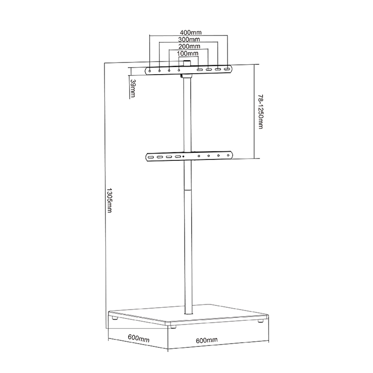 Technische tekening met afmetingen, labels en een standaard. Witte achtergrond.