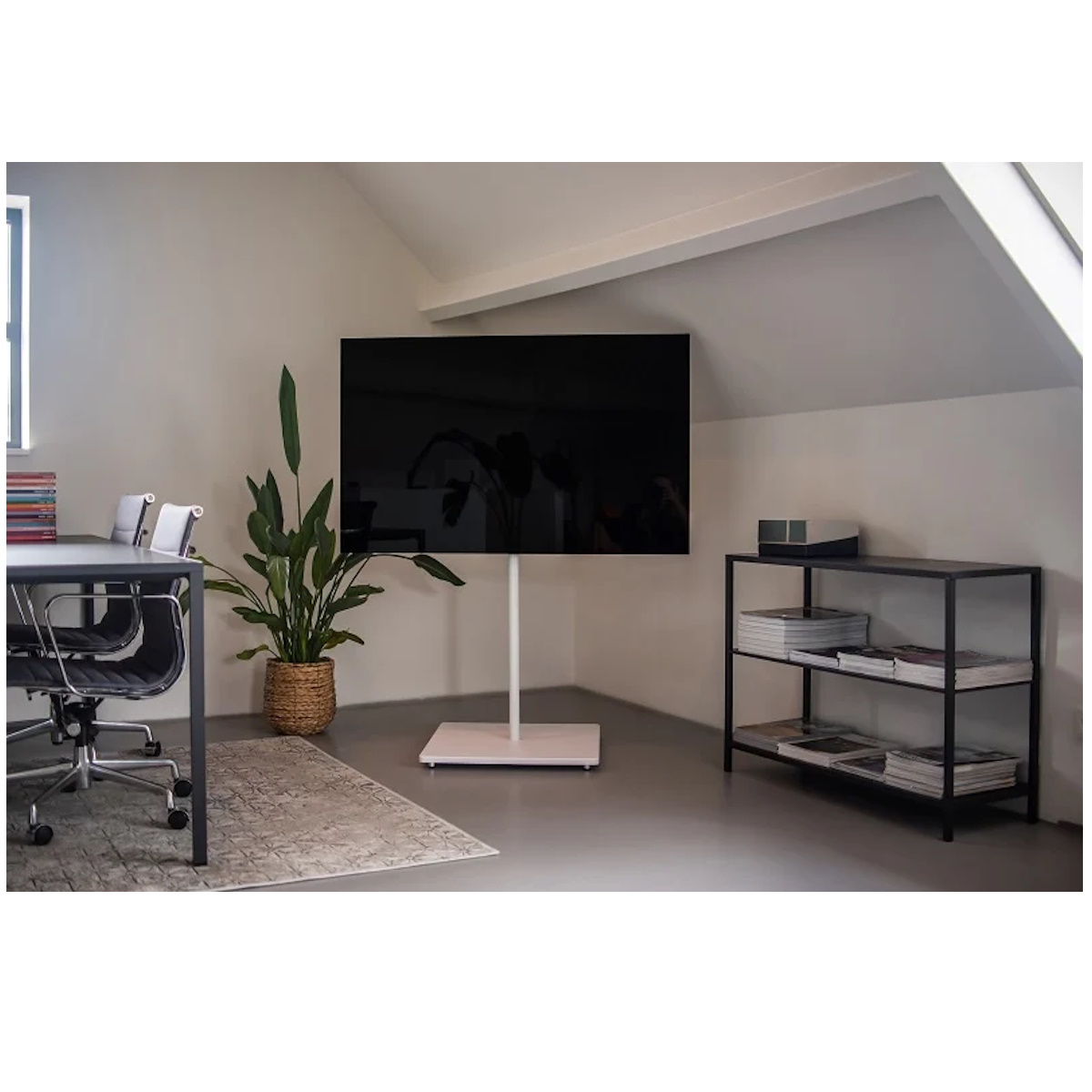 Kamer met grote tv op een standaard, een zwarte tafel en een plant.