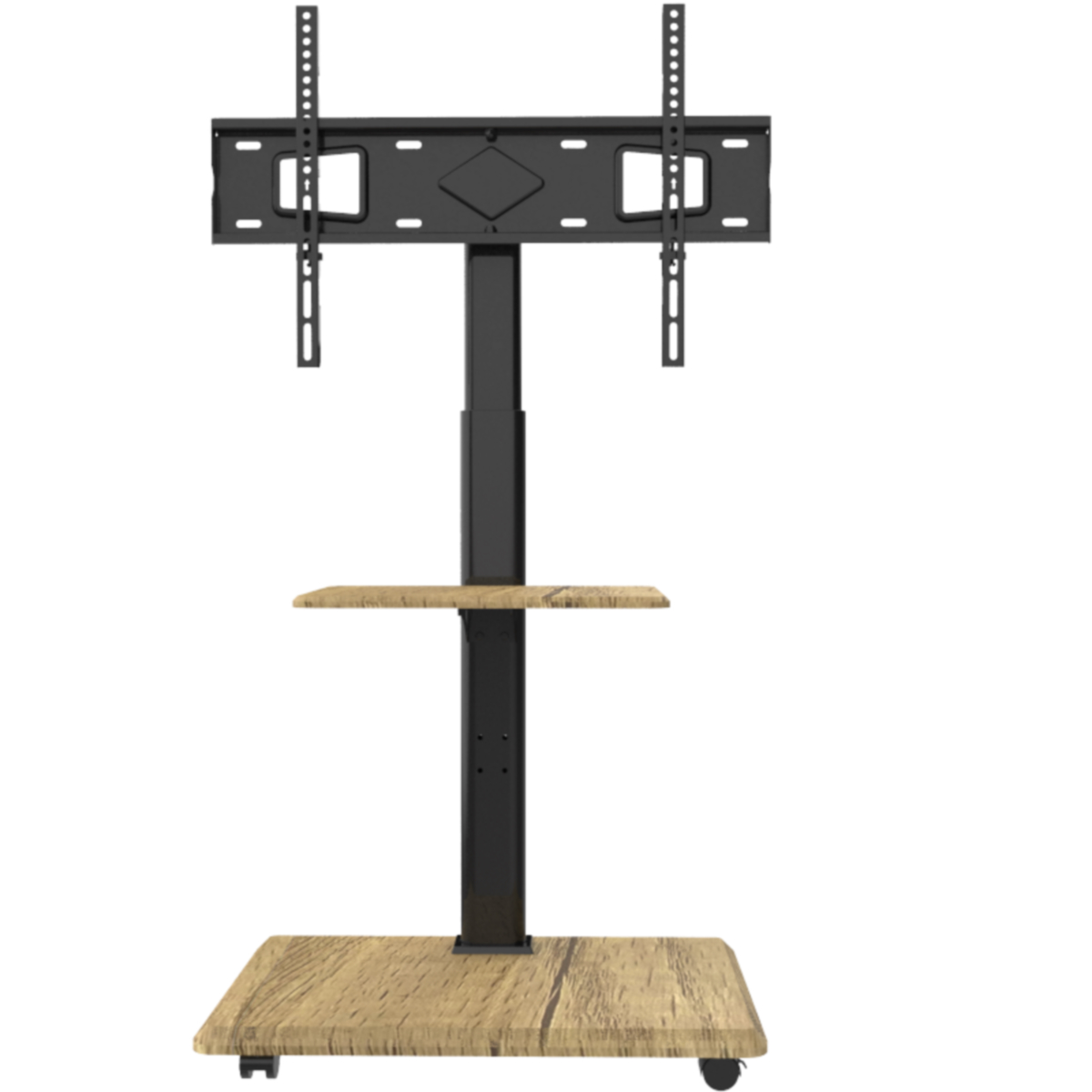 Tv-standaard met zwarte en houten planken en een zwarte paal. Witte achtergrond.