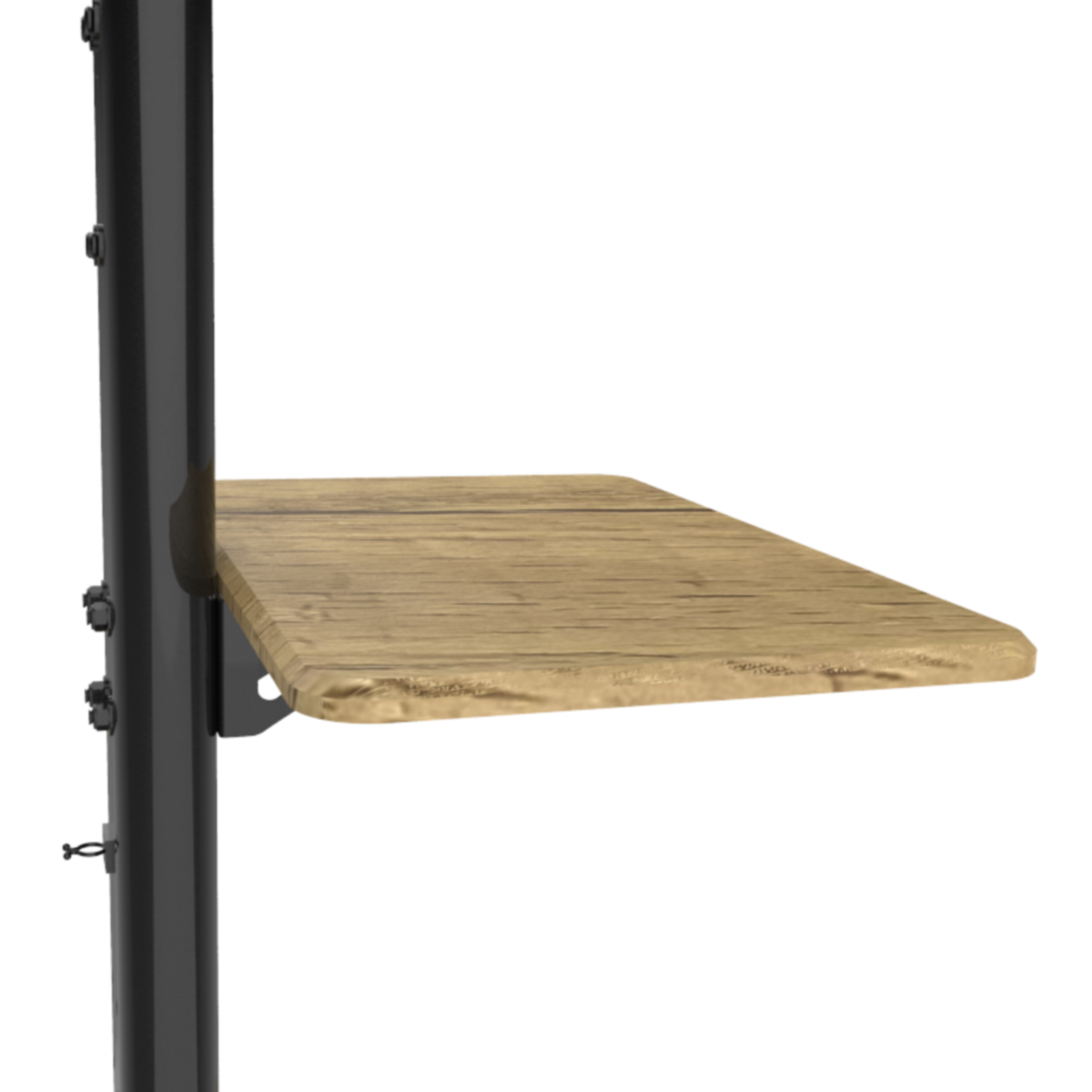 Een houten plank bevestigd aan een zwarte paal, op een witte achtergrond. Met houtnerf.