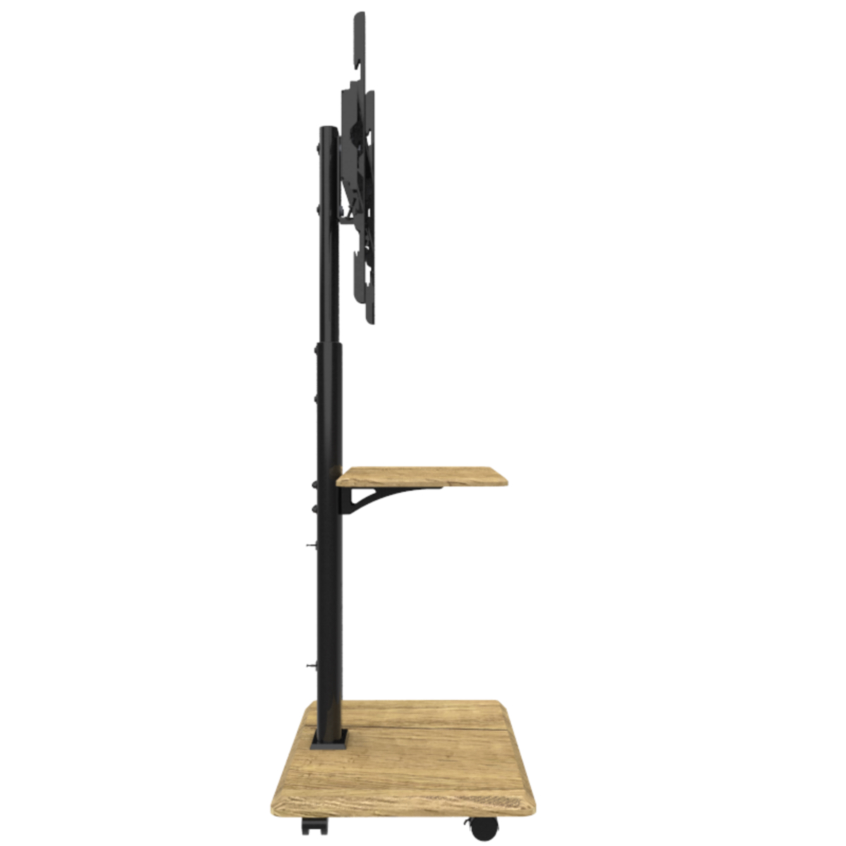 Zijaanzicht van een tv-standaard met een plank en wielen. Witte achtergrond.