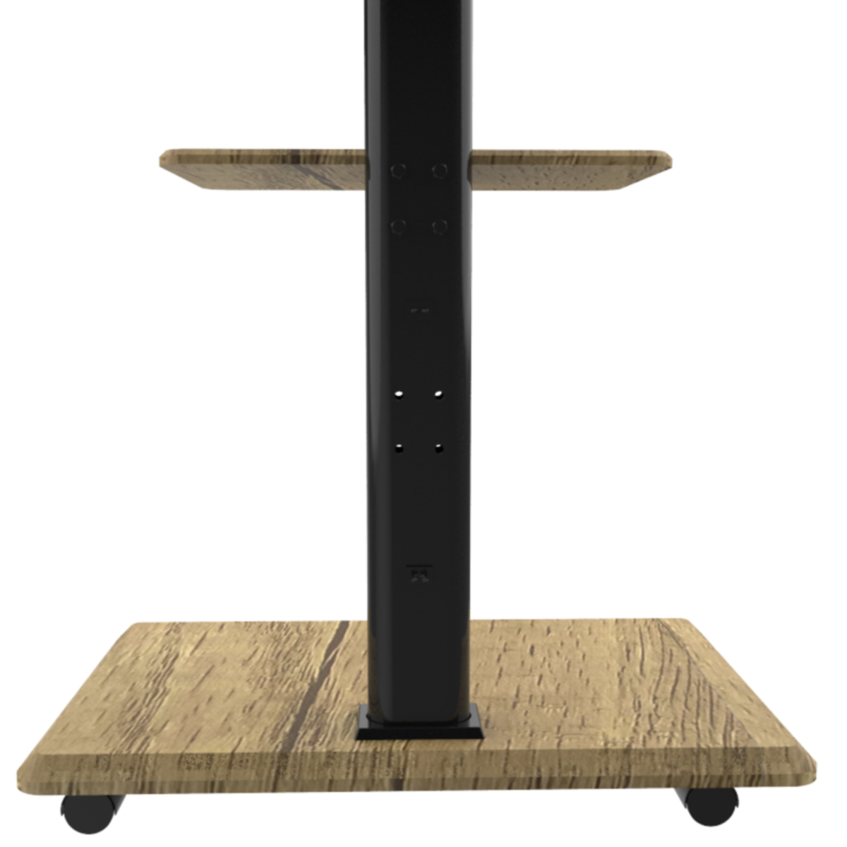 Een standaard met een houten bovenkant en basis, en een zwarte paal in het midden.