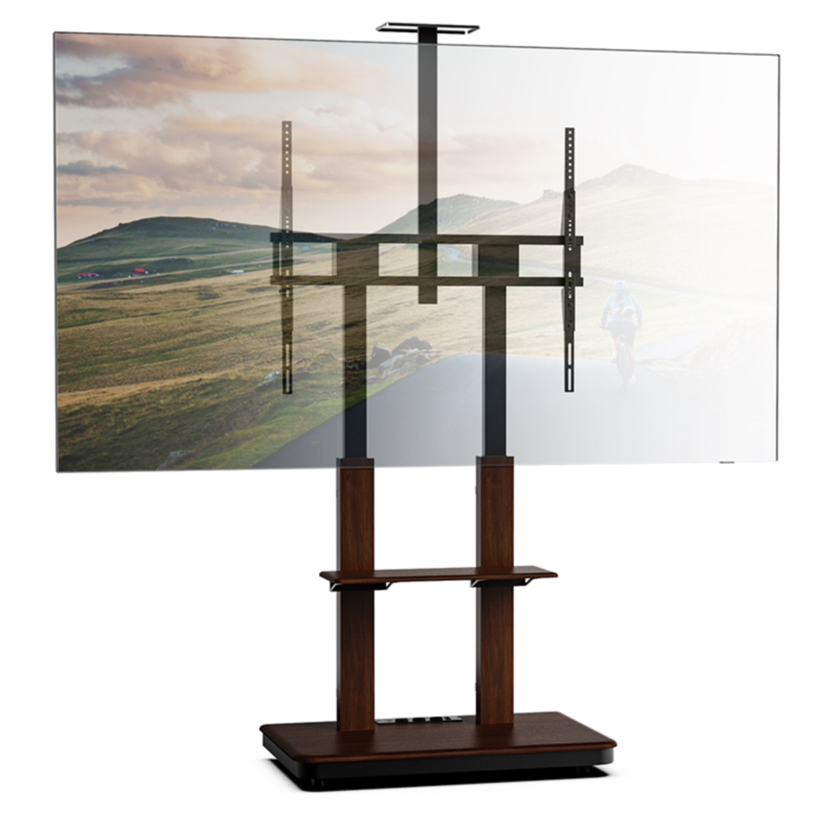 Tv-standaard met scherm met landschap. Houten frame, zwarte voet, scherm.
