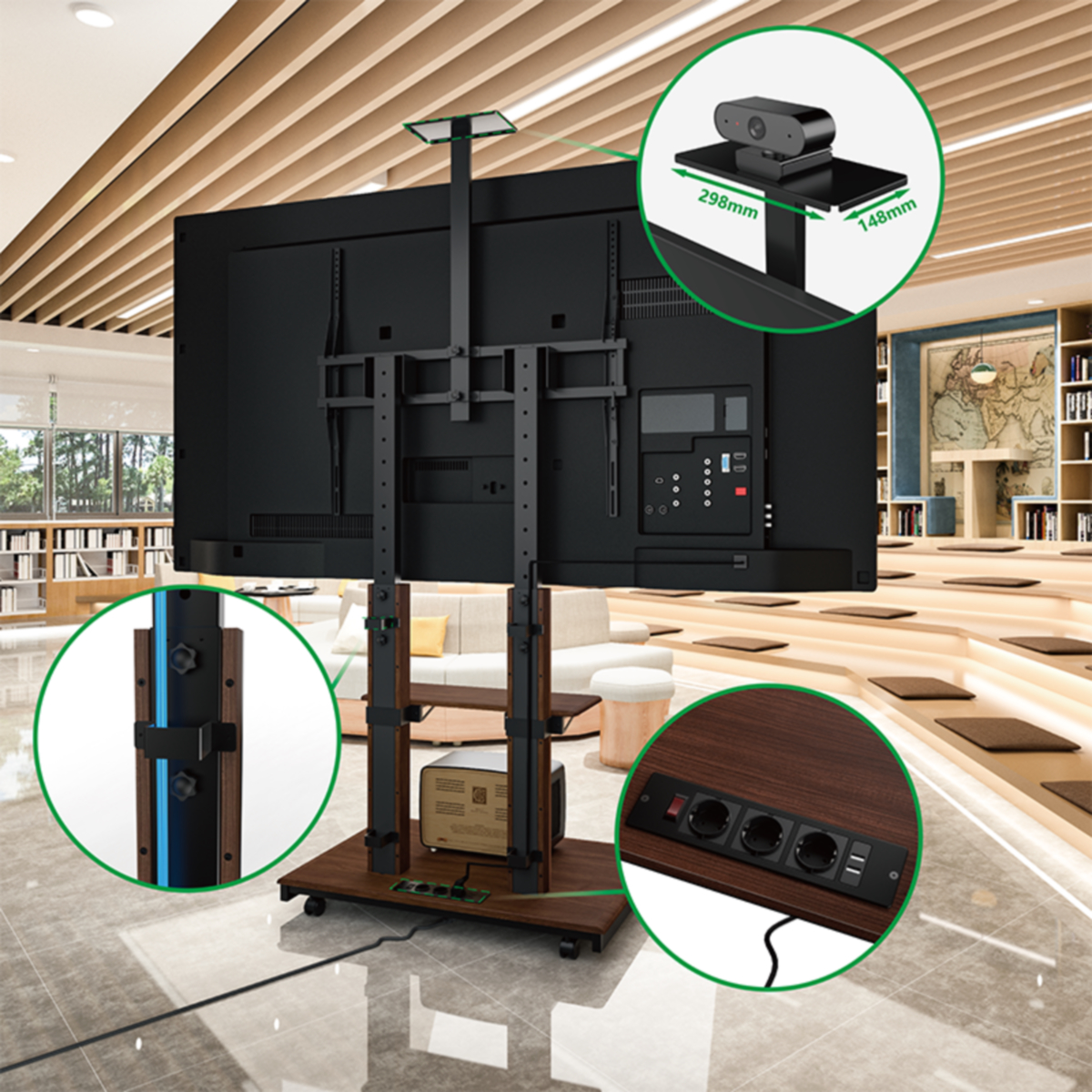 TV-standaard met scherm, planken en diverse poorten. Bibliotheek achtergrond.