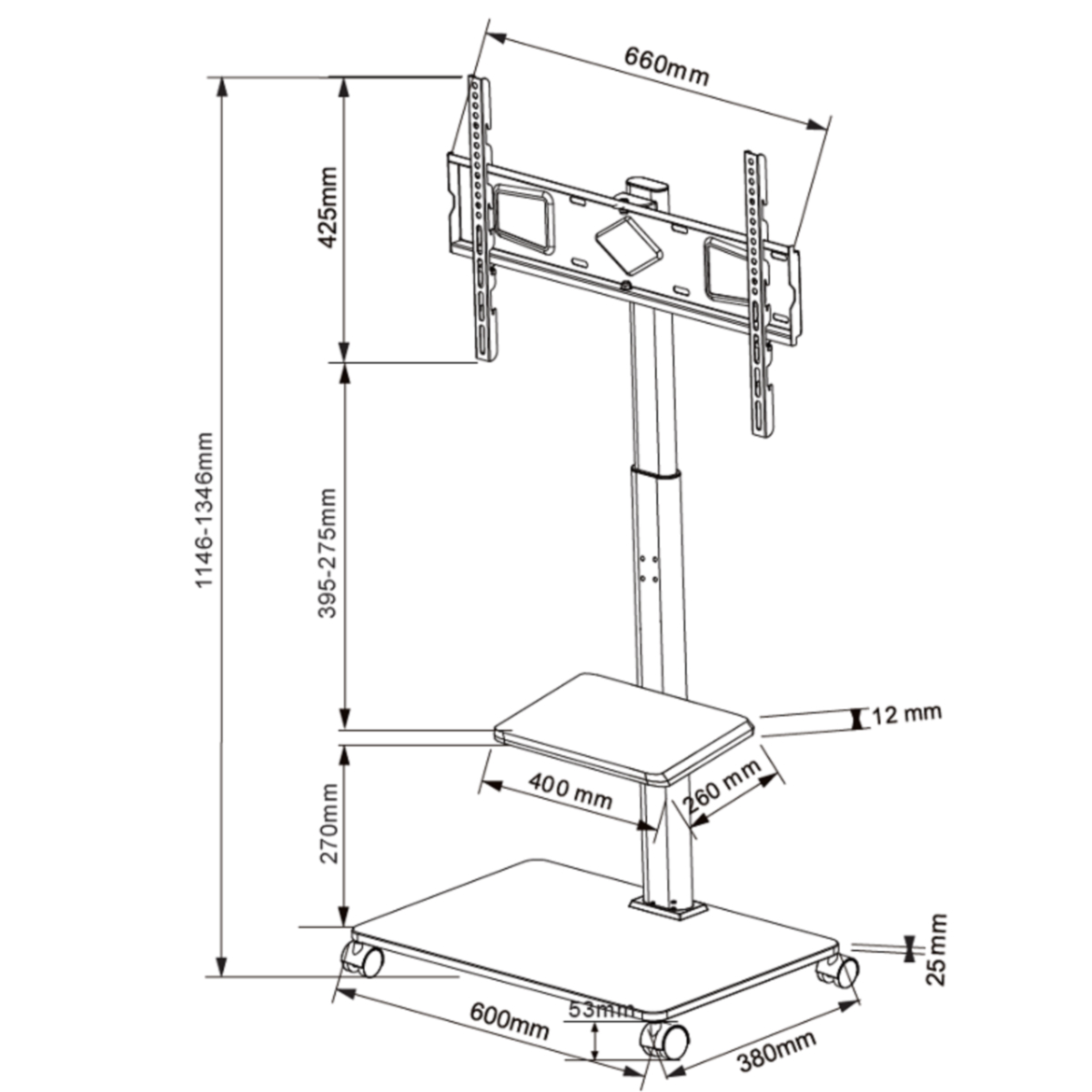 Diagram van een tv-standaard met afmetingen. Toont details over hoogte, breedte en diepte.