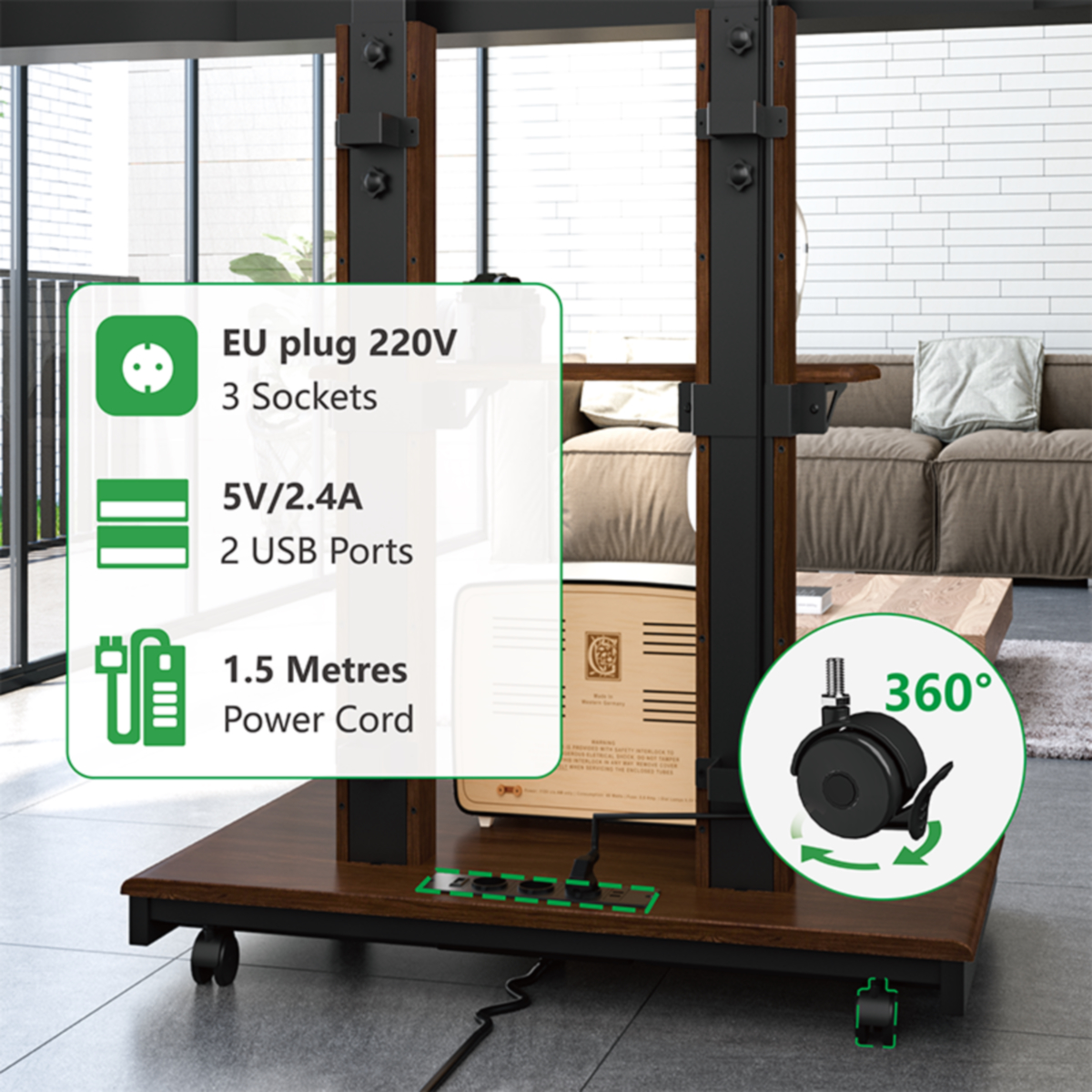 Tv-standaard met stopcontacten, USB-poorten en een netsnoer van 1,5 meter, met 360° wielen.
