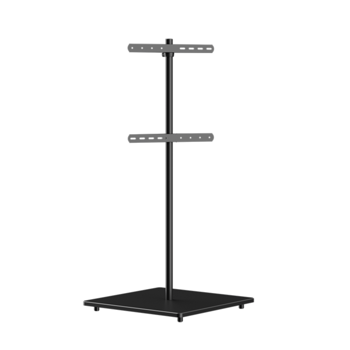 Een zwarte en grijze metalen tv-standaard met twee planken en een vierkante basis, tegen een witte achtergrond.