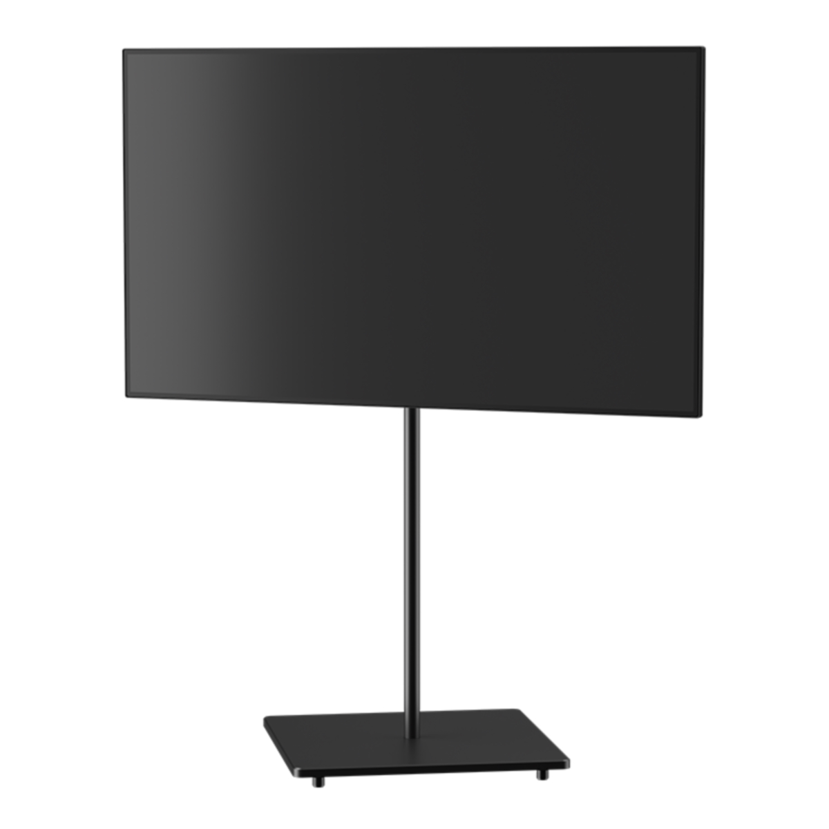 Een zwarte tv-standaard met een zwarte standaard en basis. Witte achtergrond.