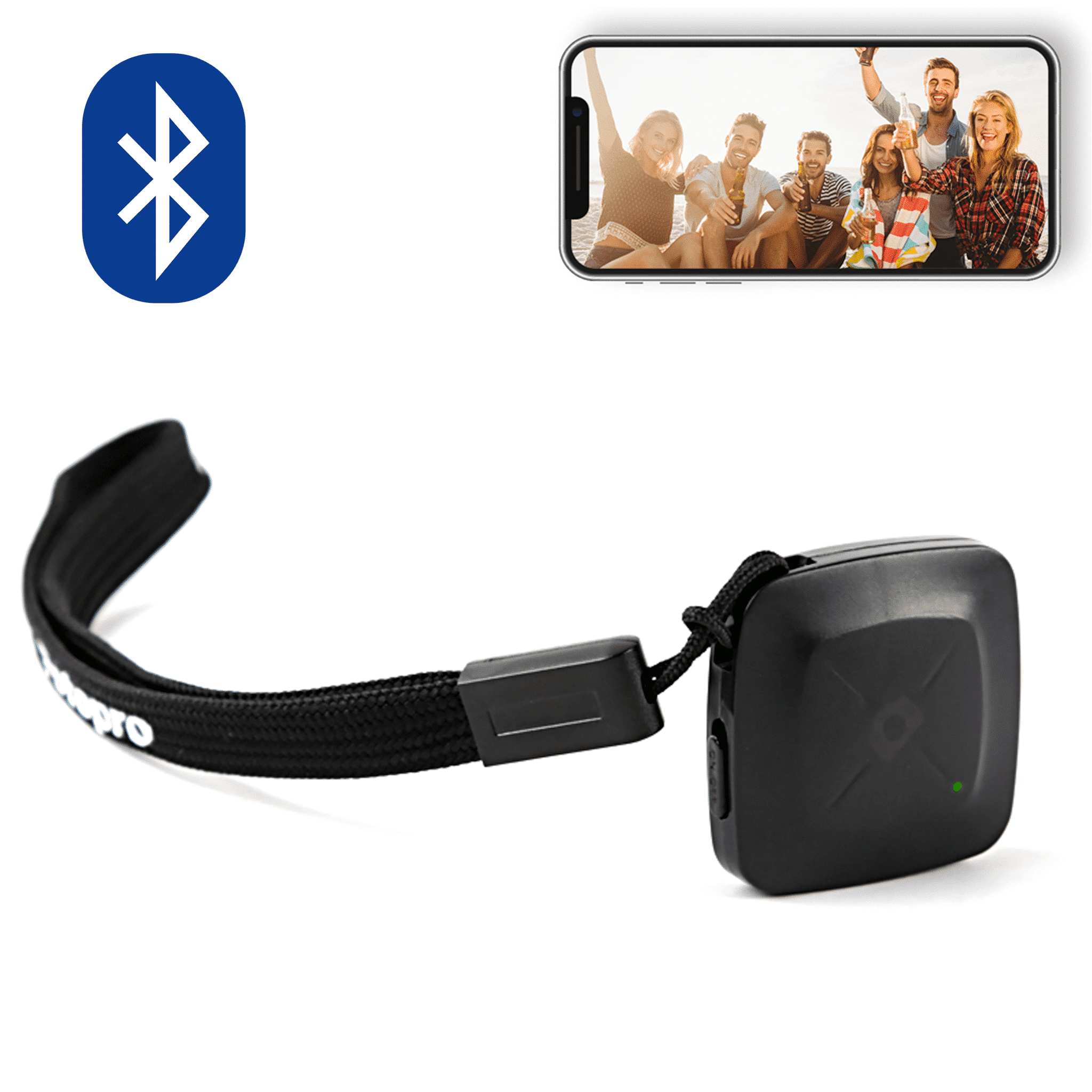 Zwart Bluetooth-apparaat voor om de pols en een telefoon met een groep lachende mensen.