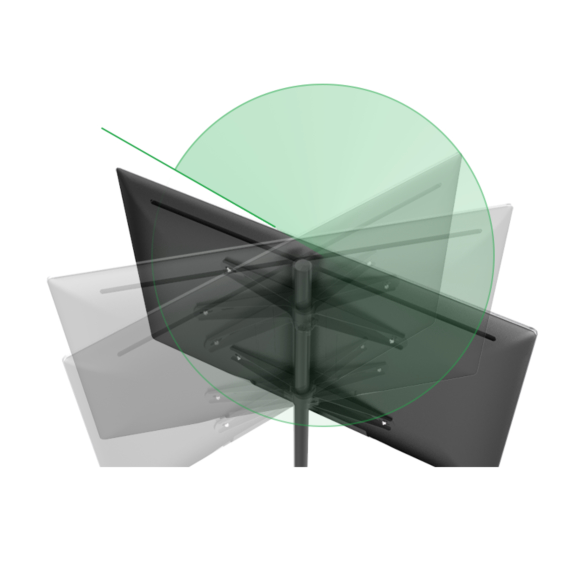 Een tv-scherm op een standaard. De afbeelding toont het scherm vanuit meerdere hoeken met een groene omtrek.