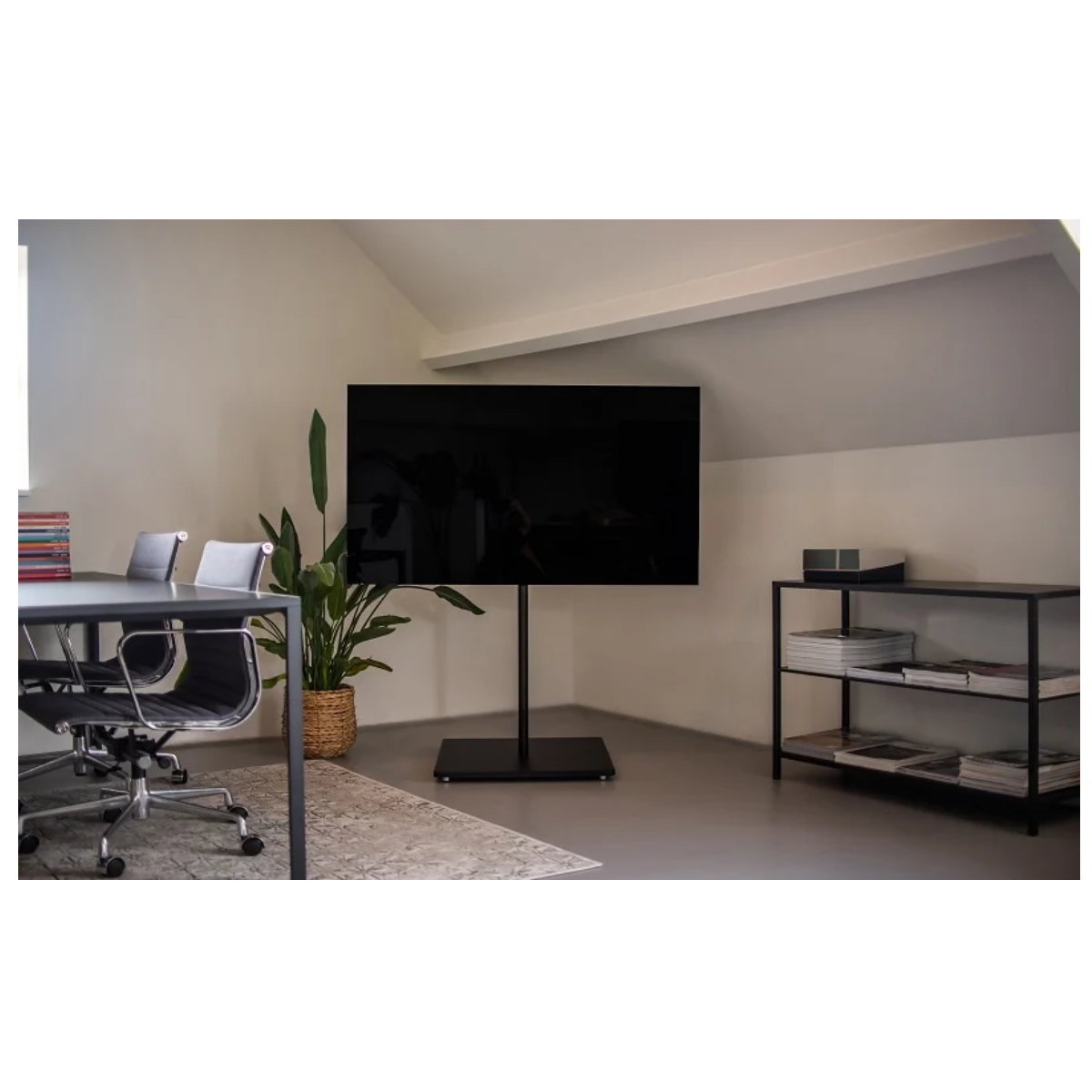 Modern kantoor met tv op standaard, tafel, stoelen, plant en plank.