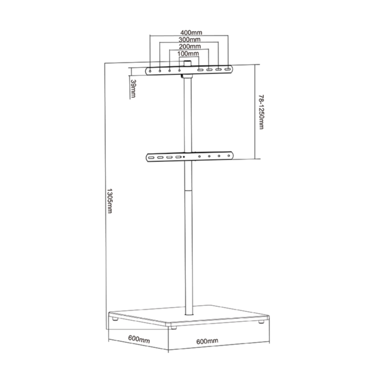 Technical drawing of a TV stand with measurements, including height and width dimensions.