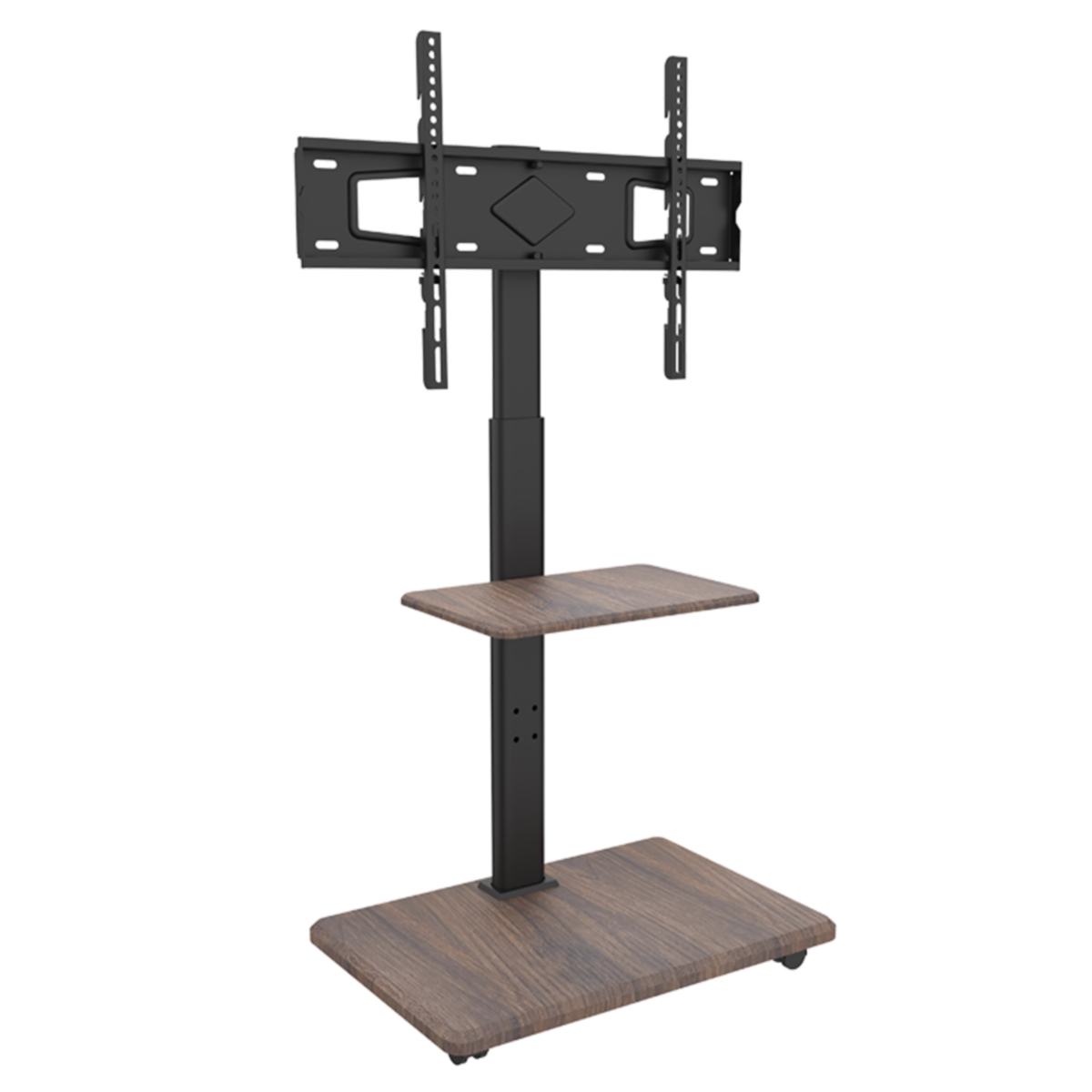 TV-standaard met een houten plank en een zwarte paal.