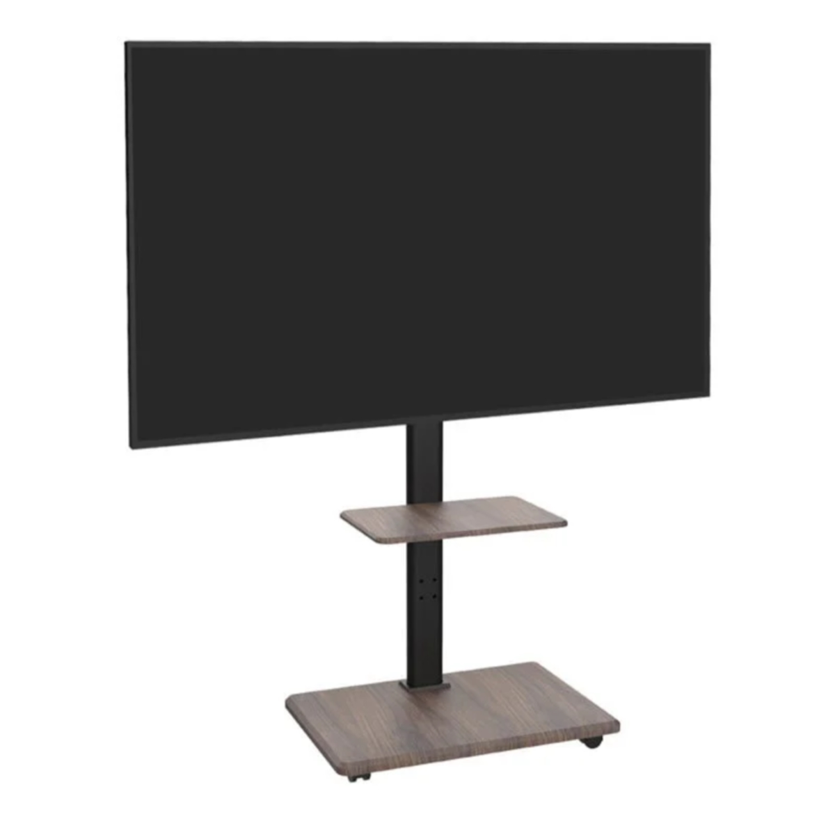Tv op een standaard met twee planken, bruine houtlook, zwart frame.