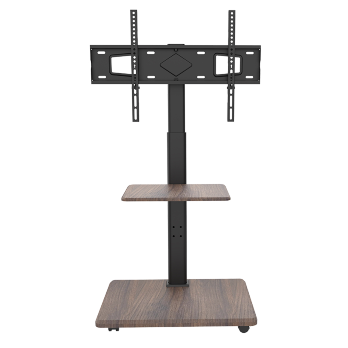Zwarte en houten tv-standaard met twee planken, met een tv-beugel.