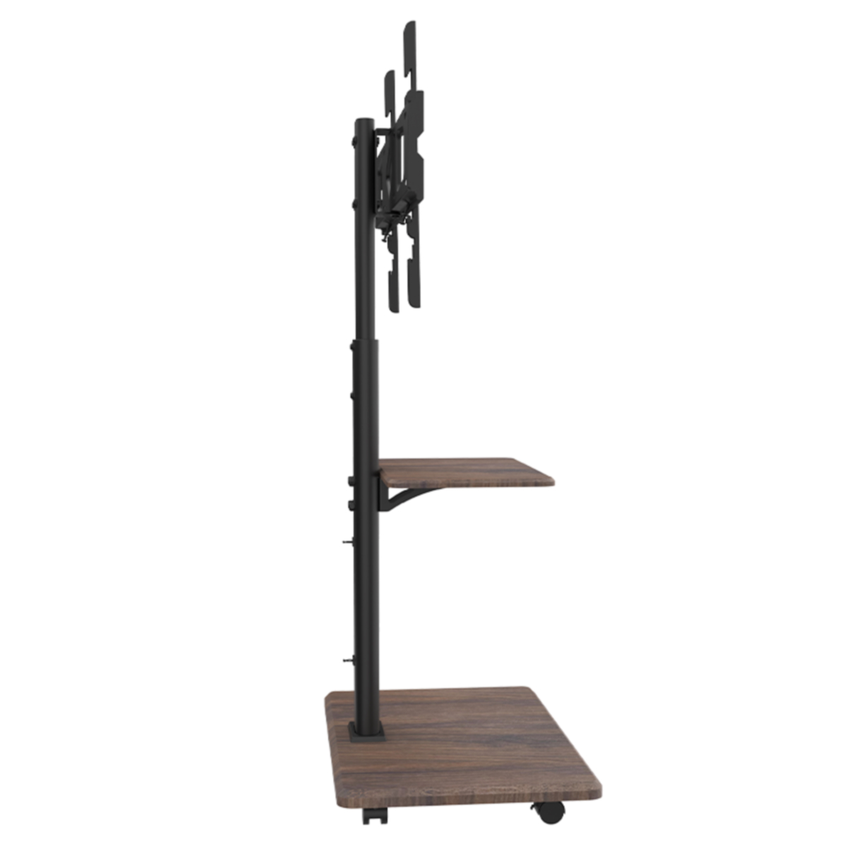 Zwarte metalen standaard met twee planken en een tv-beugel. De planken zijn van bruin hout. De standaard staat op wielen.