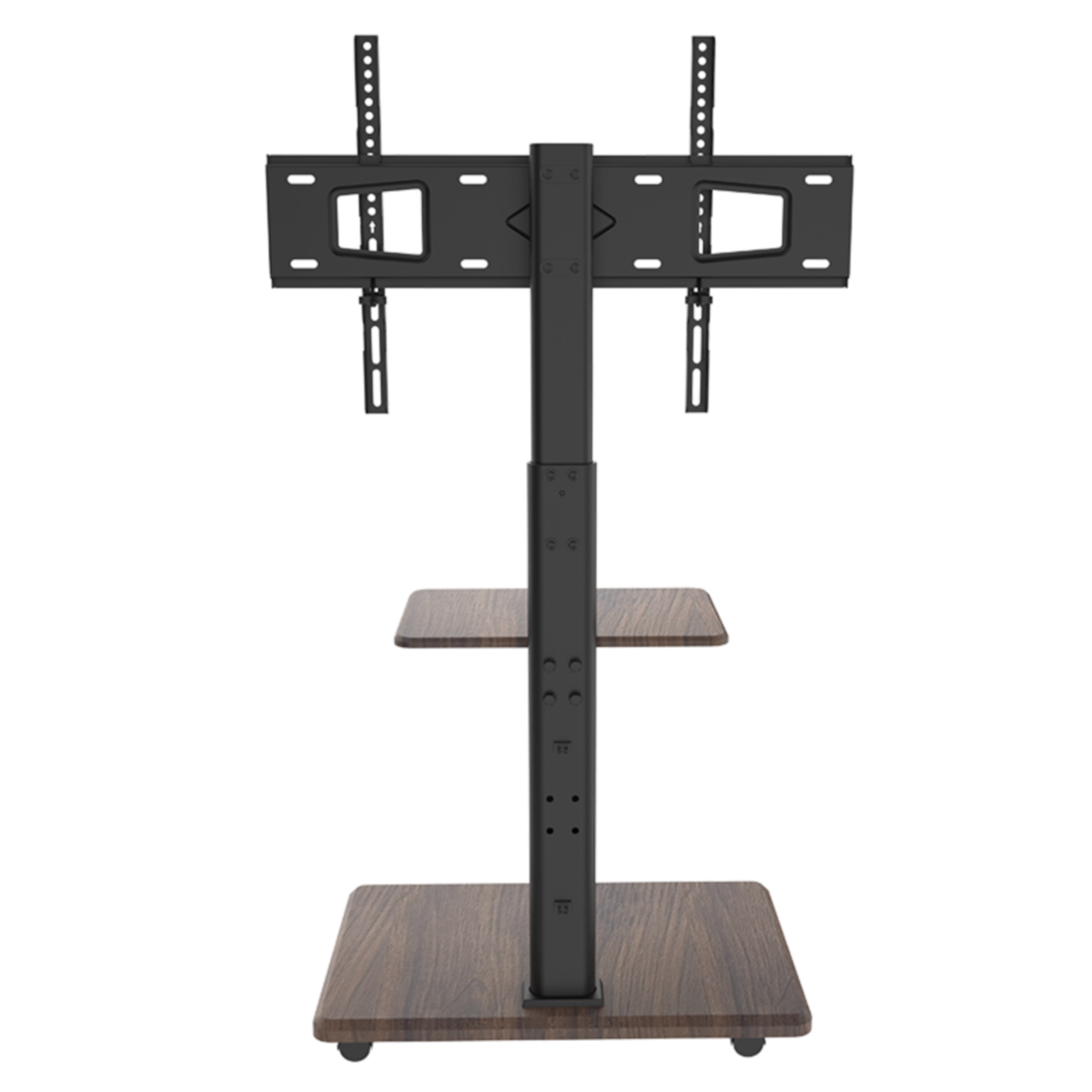 Tv-standaard in hout. De standaard heeft twee planken en een verticale balk. Een tv-beugel zit erboven.