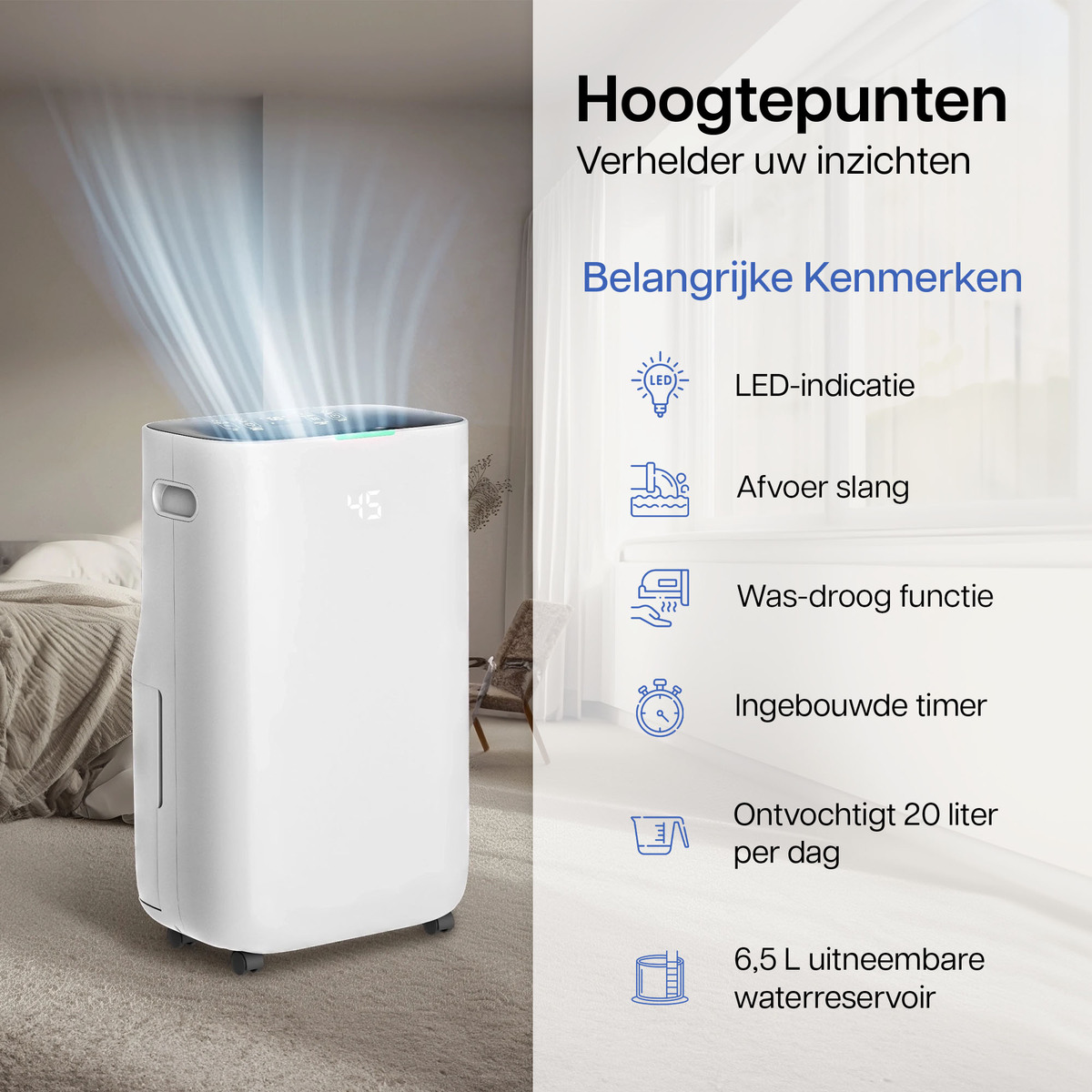 Weißer Luftentfeuchter mit Digitalanzeige. Merkmale sind rechts mit Symbolen aufgelistet.