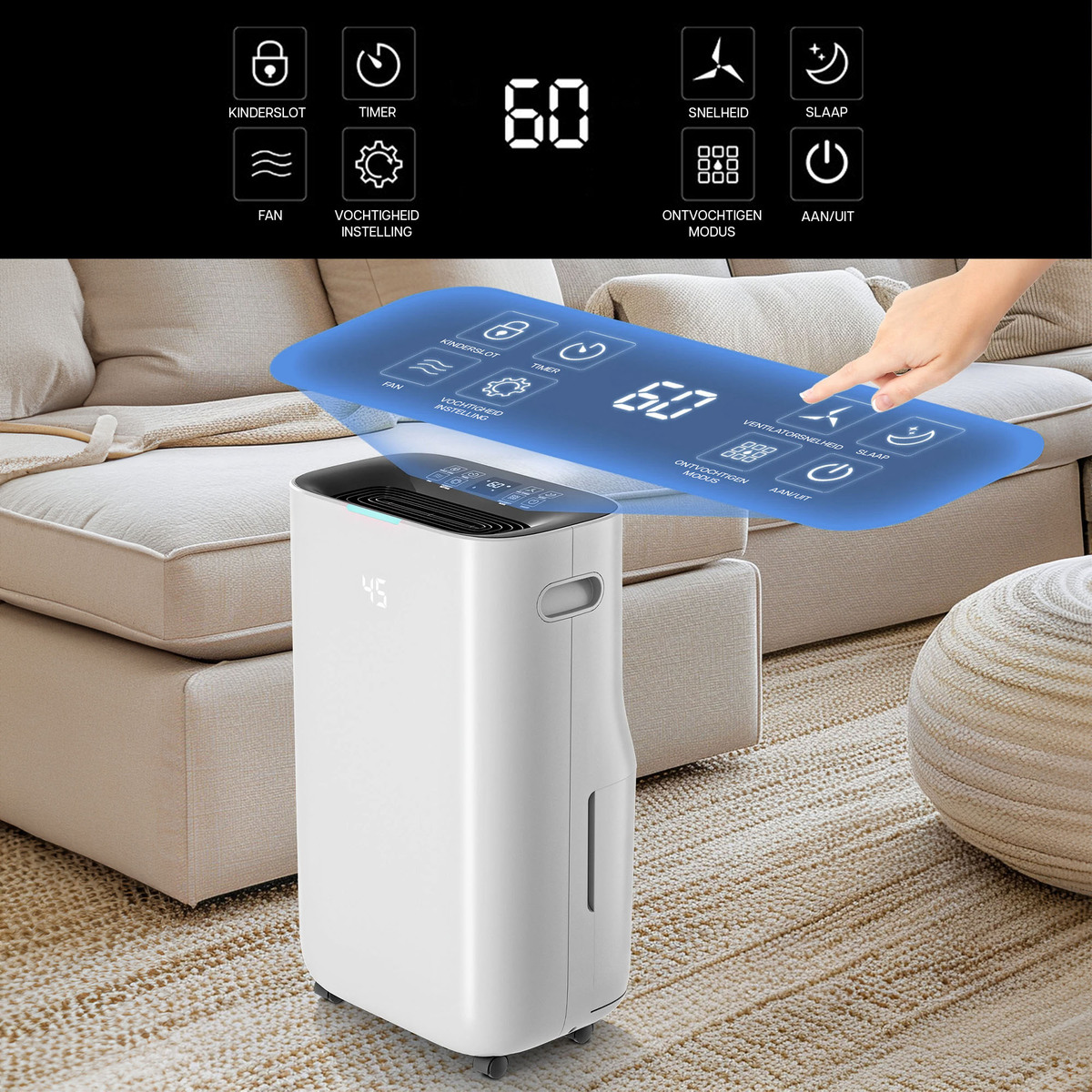 Ein weißer Luftentfeuchter mit Touchpanel. Eine Hand berührt das Panel. Der Hintergrund ist ein Teppichboden.