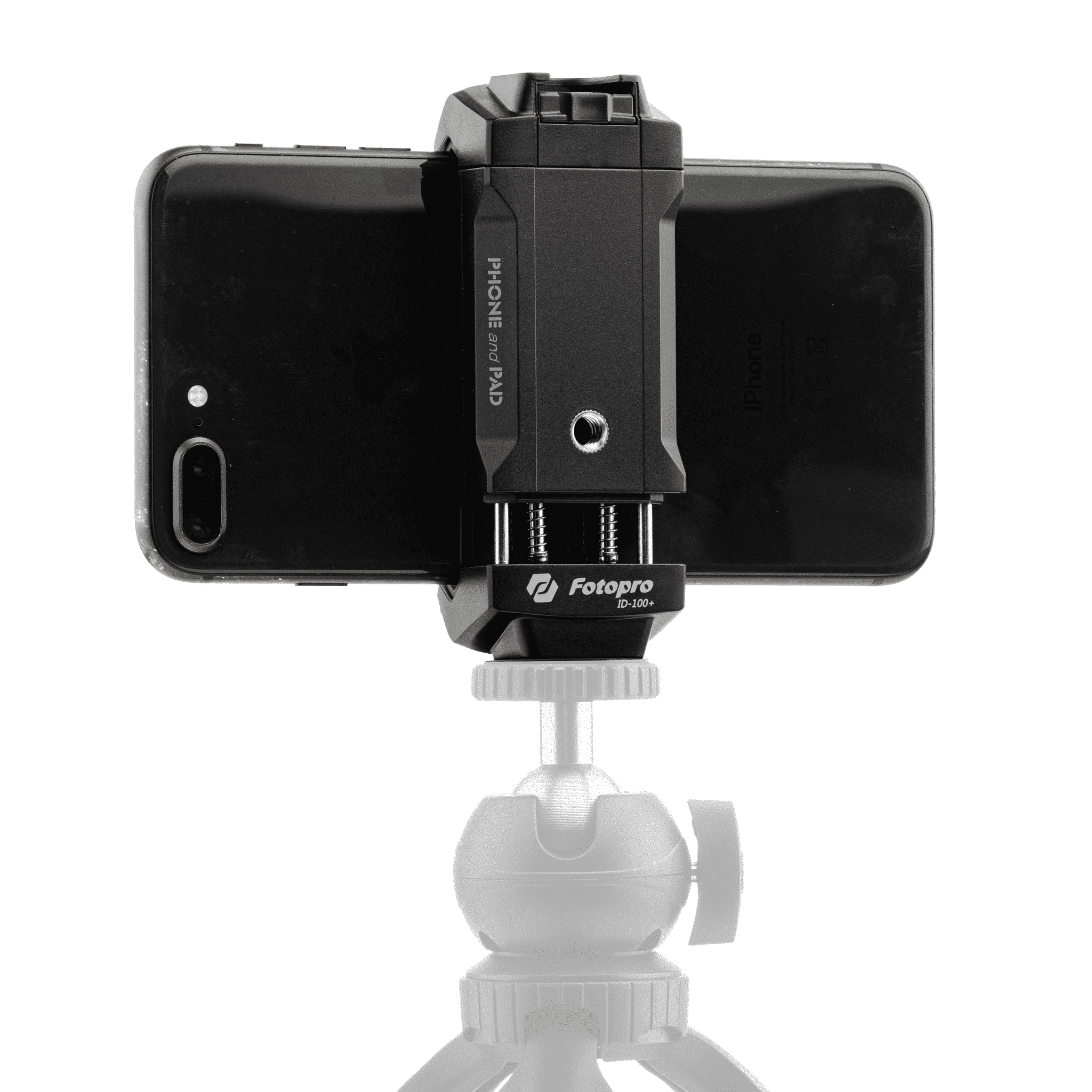 Téléphone monté sur une tête de trépied. Fond blanc.