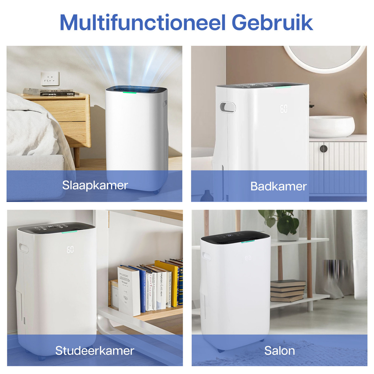 Bilder, die weiße Luftreiniger in verschiedenen Umgebungen zeigen: Schlafzimmer, Badezimmer, Arbeitszimmer und Wohnzimmer. Text auf Niederländisch.
