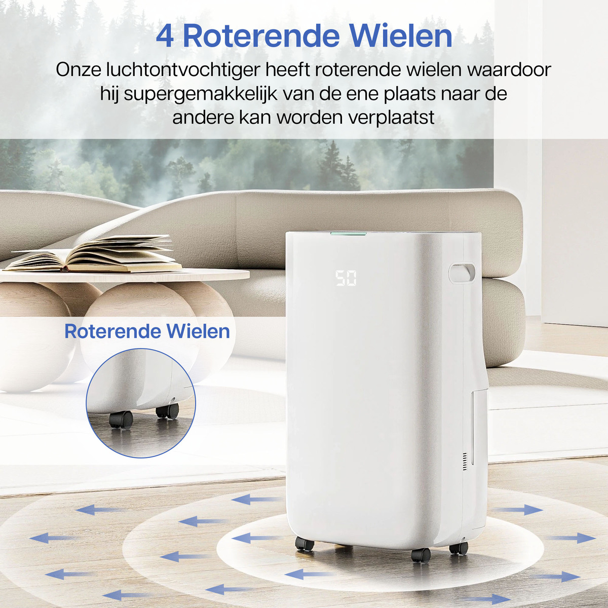 Weißer Luftentfeuchter auf Rollen mit Digitalanzeige und Pfeilen.