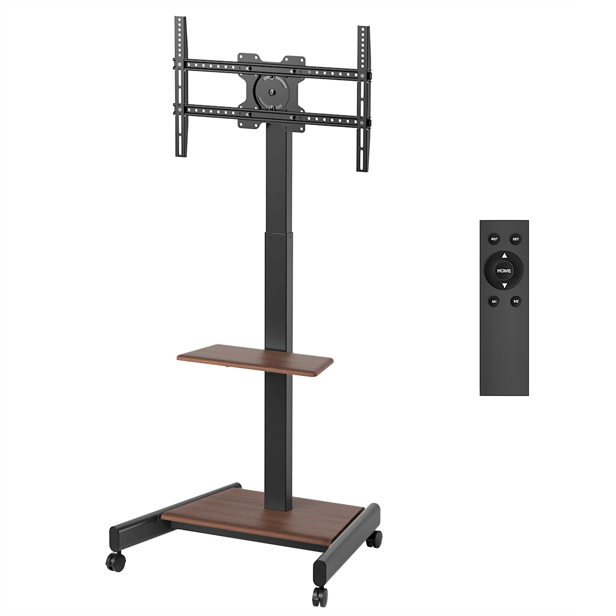 Zwarte tv-standaard met afstandsbediening. Houten planken, zwart frame, tv klaar.