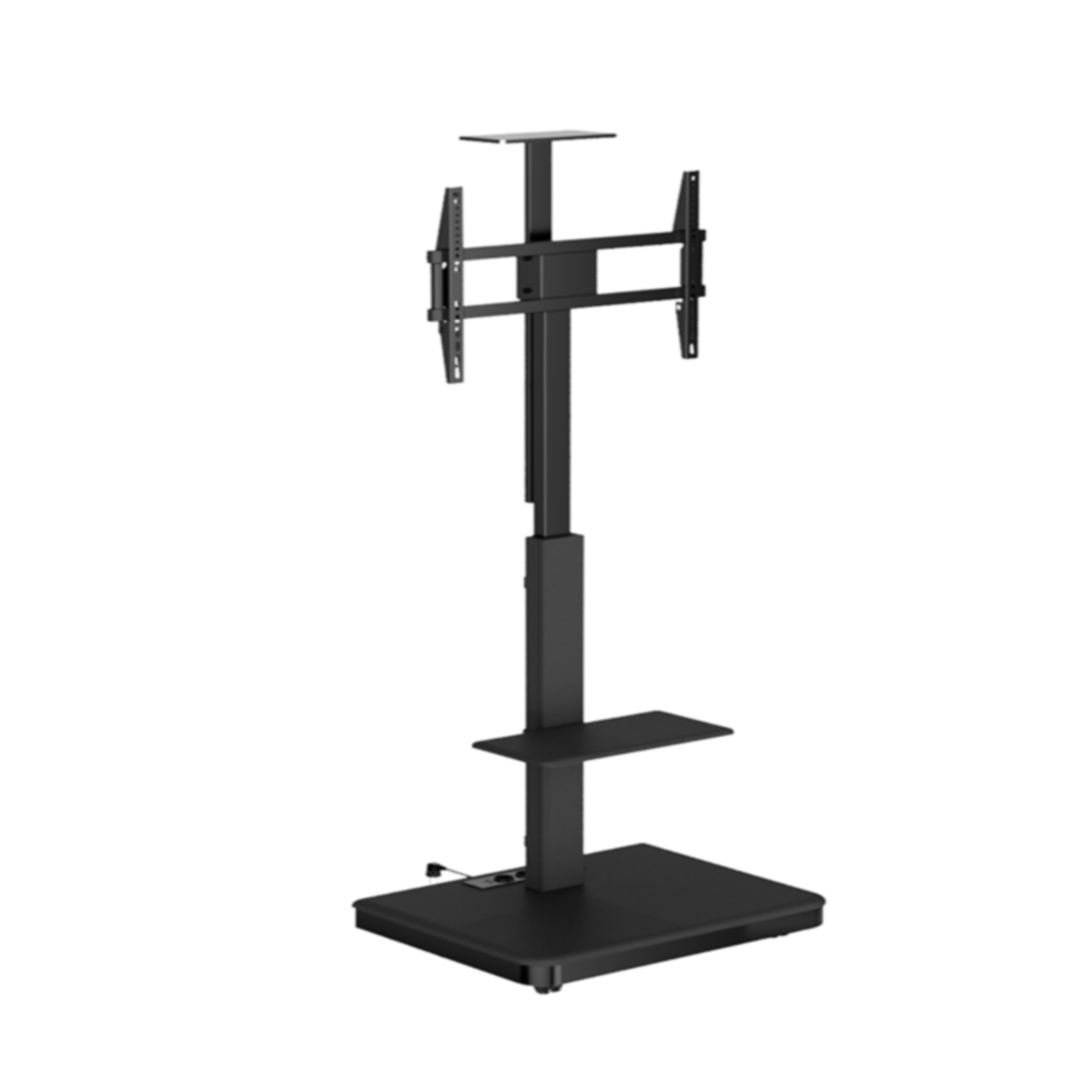 Black TV stand with a shelf, white background.