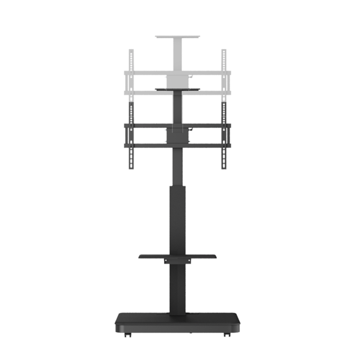 Black TV stand with adjustable height and shelf, designed to hold a flat-screen television.