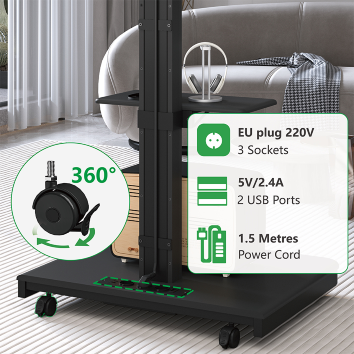 A black TV stand with power outlets, USB ports, and a power cord, with a 360° wheel.