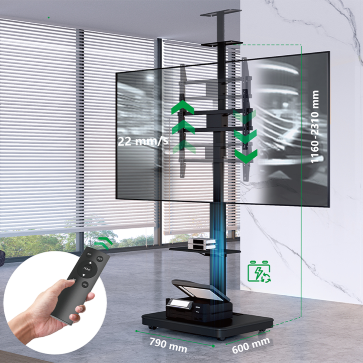 Room with TV stand, TV, and remote control. The TV shows a graphic with measurements and arrows.