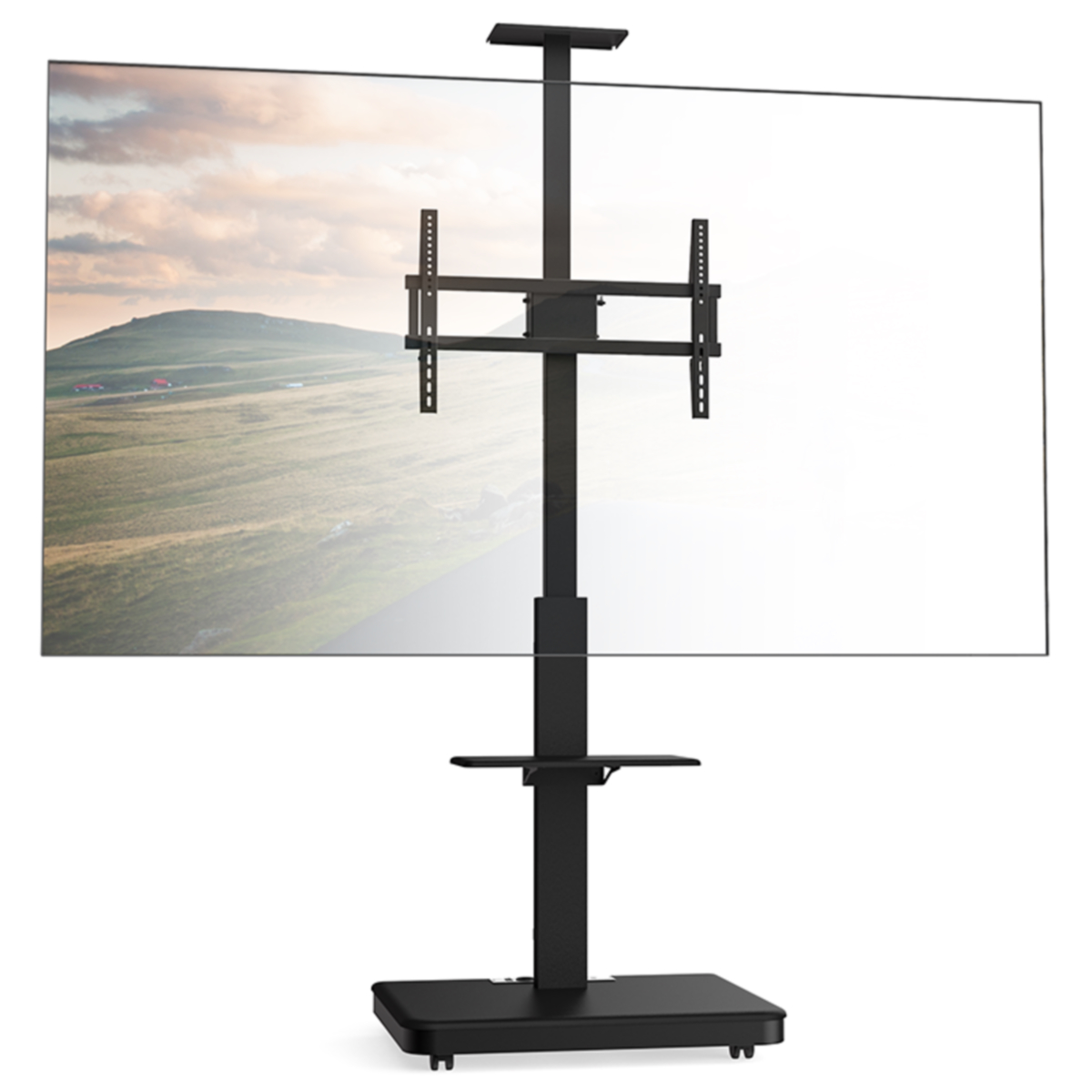 TV on a black stand. White background.