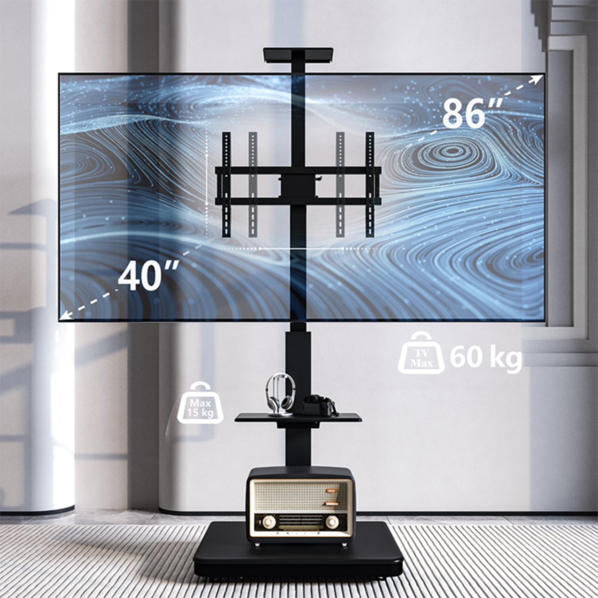 A TV stand with a large screen displaying dimensions. A radio and headphones are on the stand.